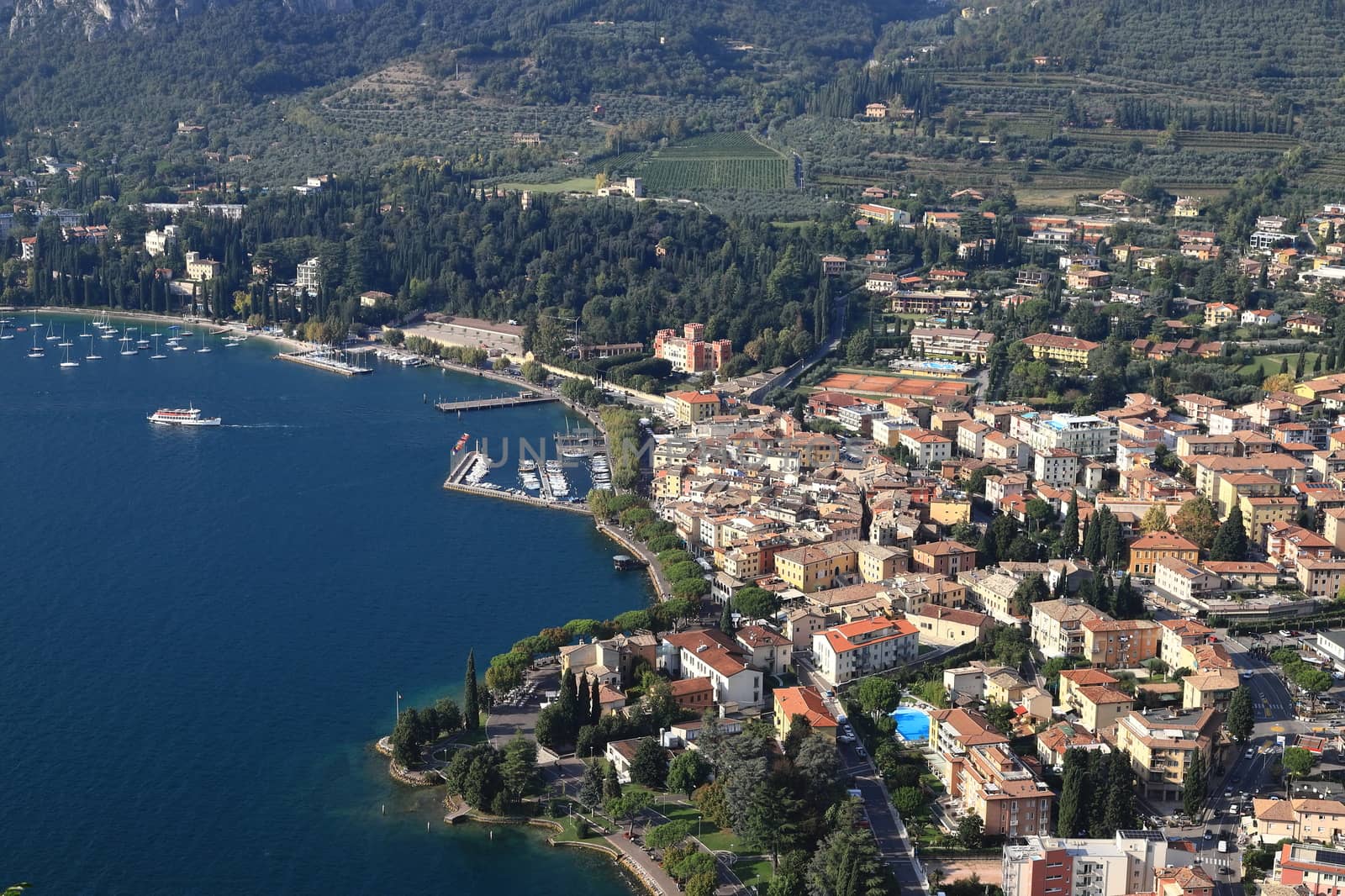 An aerial view from Rocca across the town of Garda.  Garda is a town on the edge of Lake Garda in North East Italy and Rocca is a large hill overlooking the town.