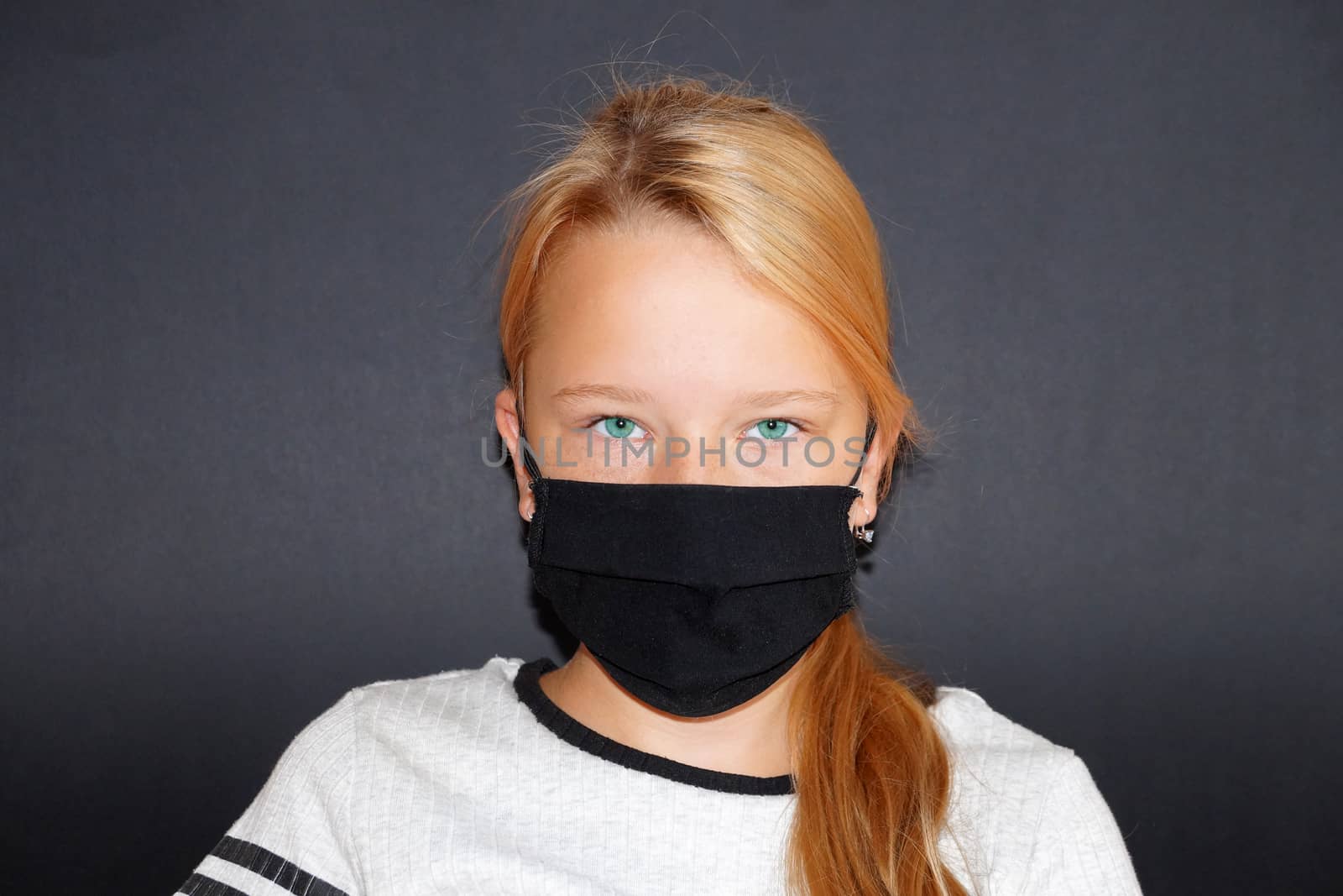 teenage girl in a black medical mask on a black background, by Annado