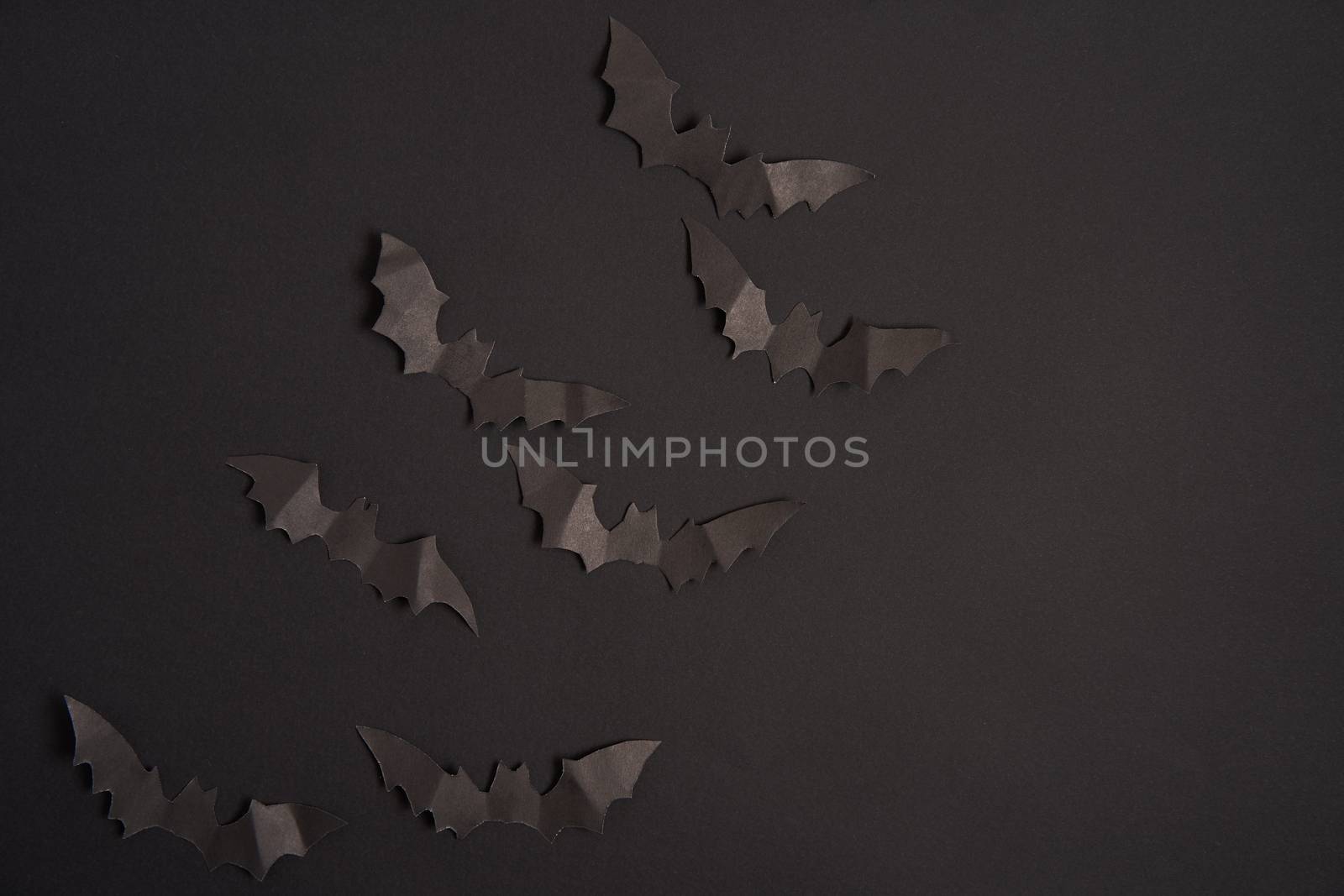 Halloween decoration concept black paper bats black cardboard background With copy space for tetxt