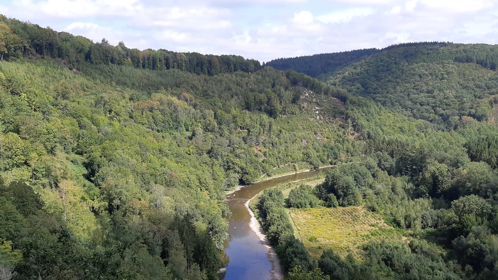 River Semois, Bouillon area, close to Rochehaut, as seen on the Les Echelles or laddertjeswandeling hike. Nature and landscape in Wallonia, Belgium