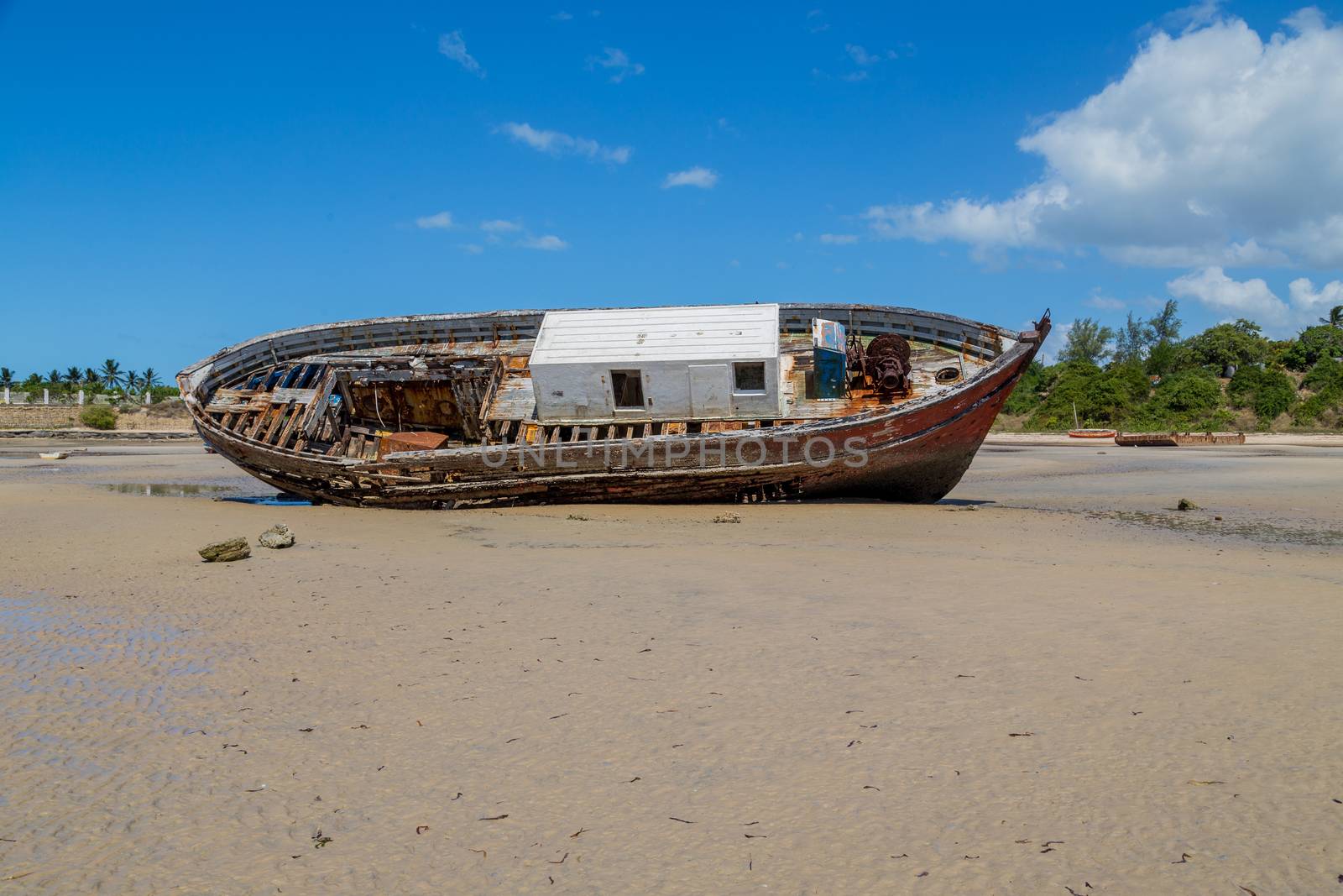 Old boat at Magaruque island formerly Ilha Santa Isabel is part of the Bazaruto Archipelago off the coast of Mozambique.