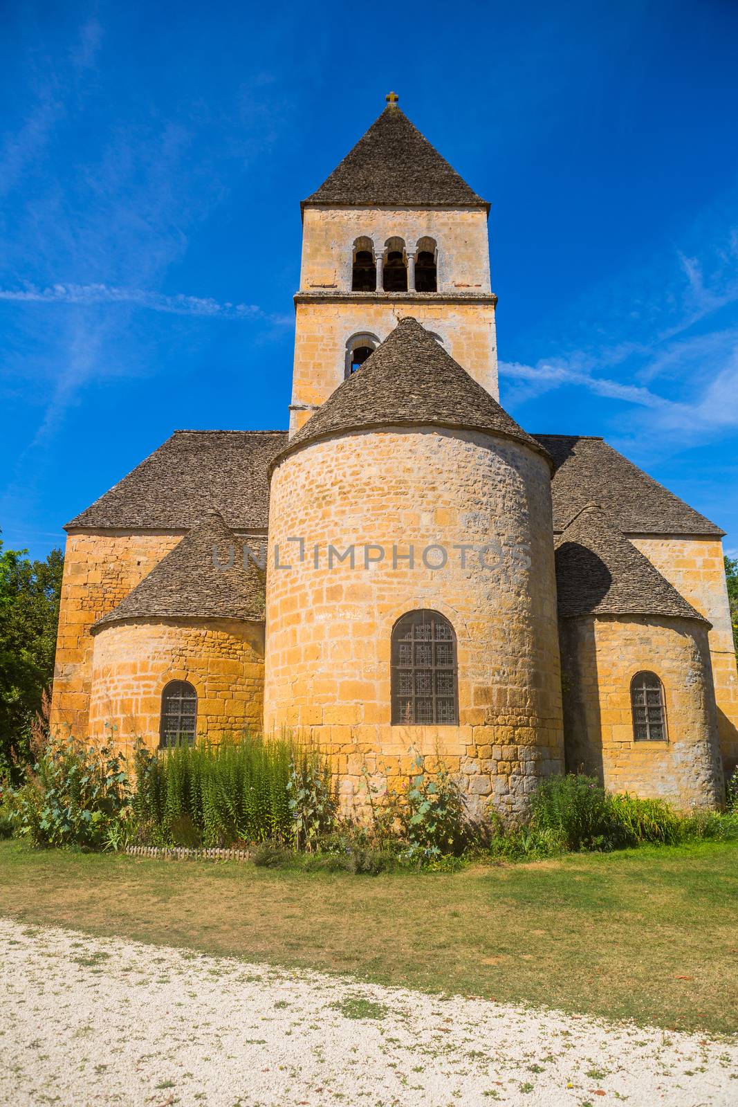 The Romanesque church (XIIth century), classified as a historical monument in Saint-Leon-sur-Vezere, Dordogne, France