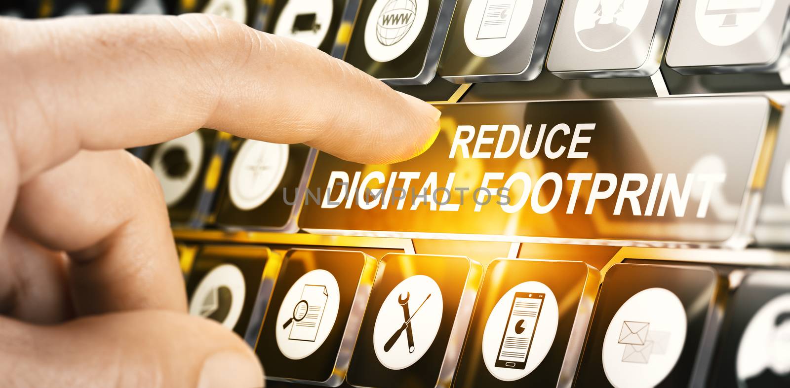 Man pushing transparent button to reduce digital carbon footprint. Composite image between a hand photography and a 3D background.