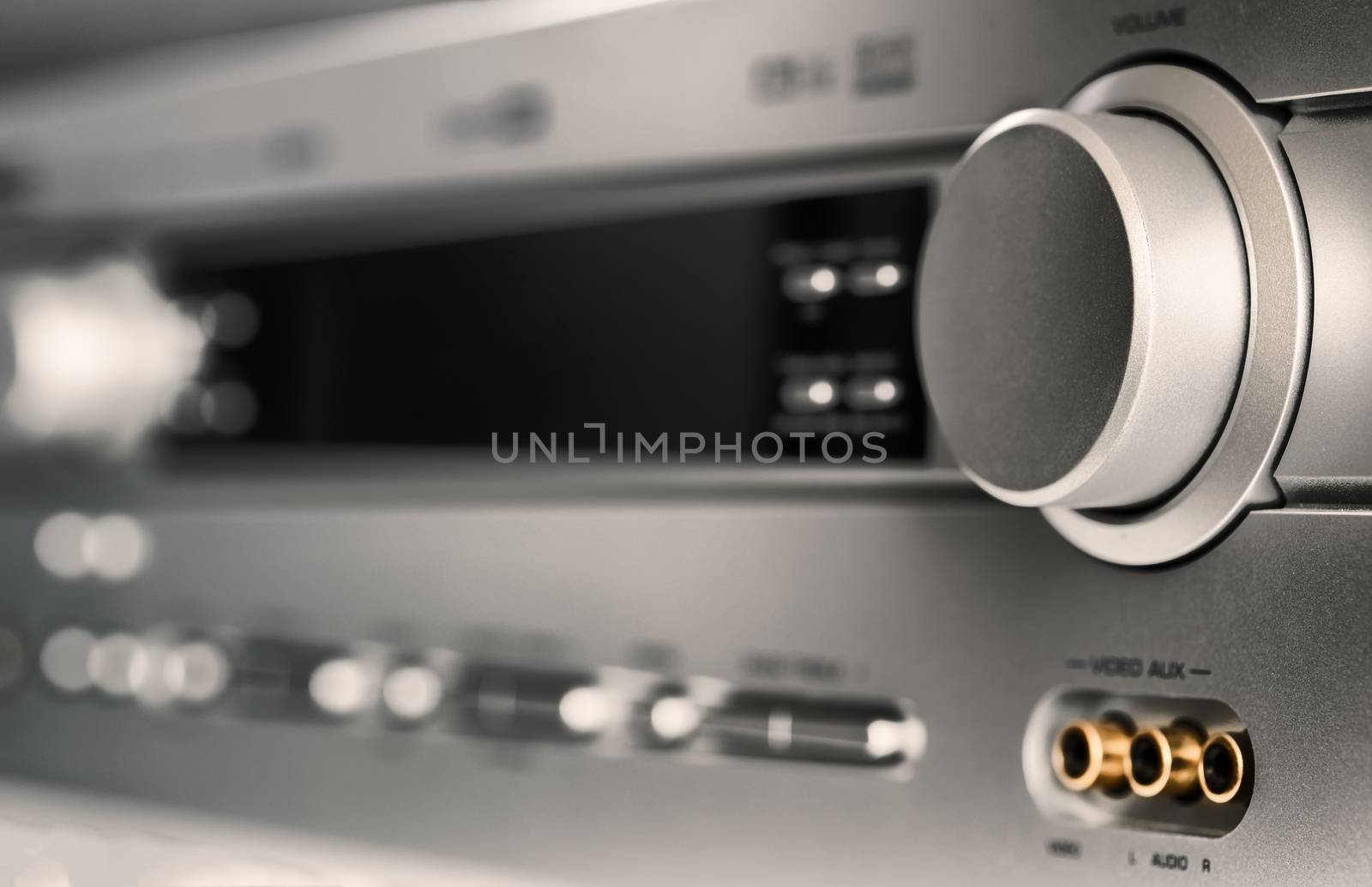 Hifi system amplifier. Home musical equipment closeup. Entertainment home system