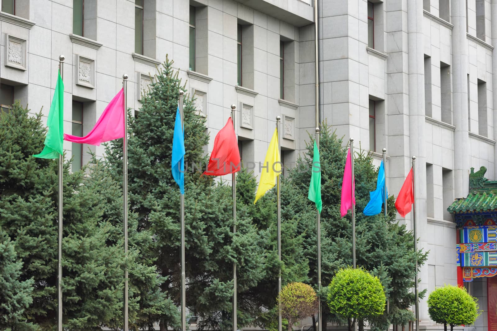 Colorful flags. Building facade and flags. Flagpoles