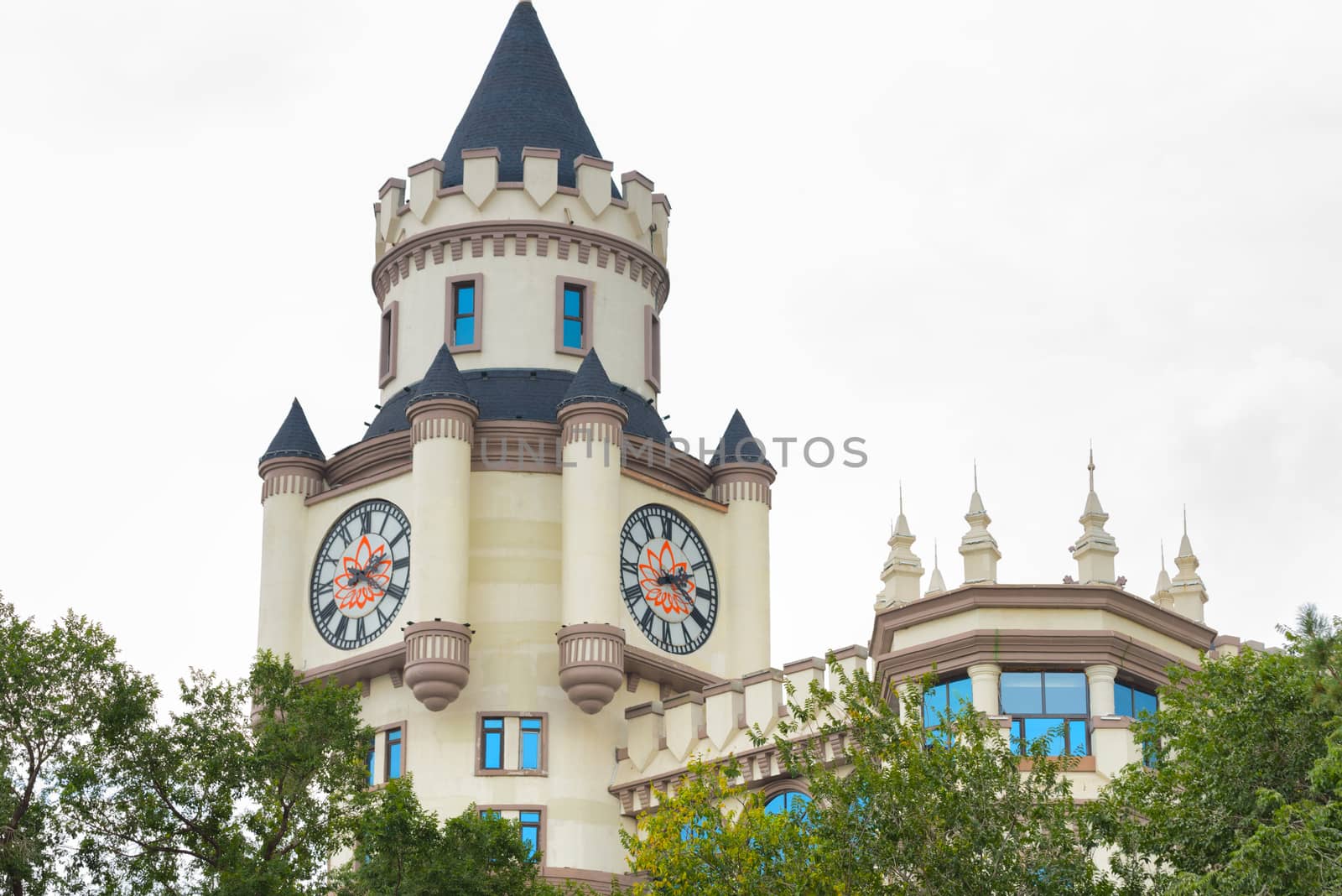 Facade of a modern castle. White building in Harbin