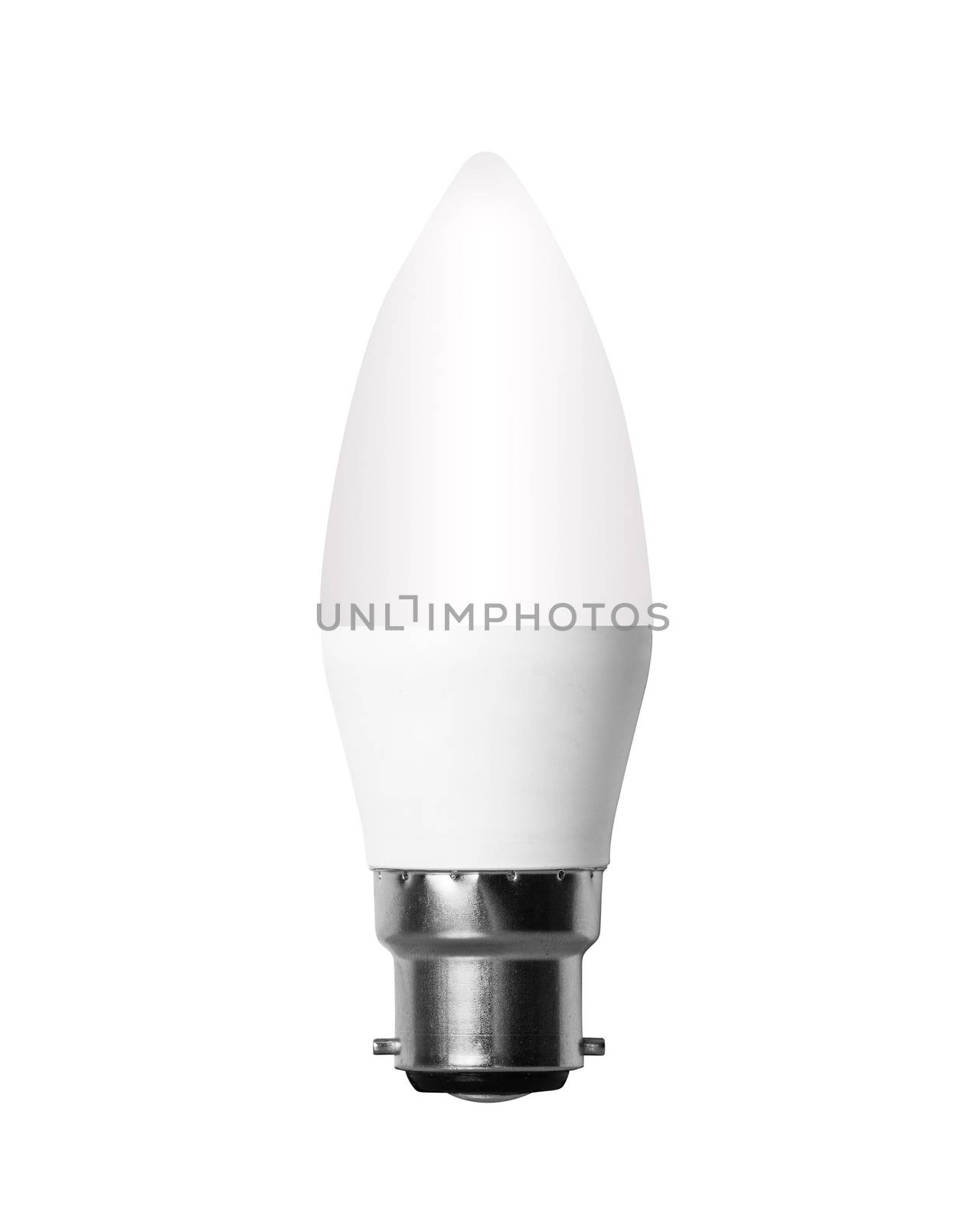 Isolated cutout LED candle bulb with UK B22 bayonet fitting and set against white background
