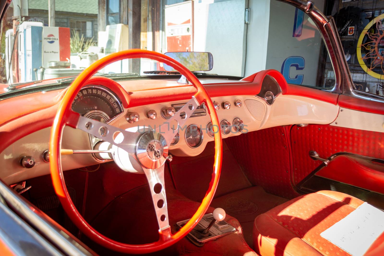 Interior of Chevrolet Corvette C1 50's edition, convertible, steering wheel and seats, fully restored by kb79