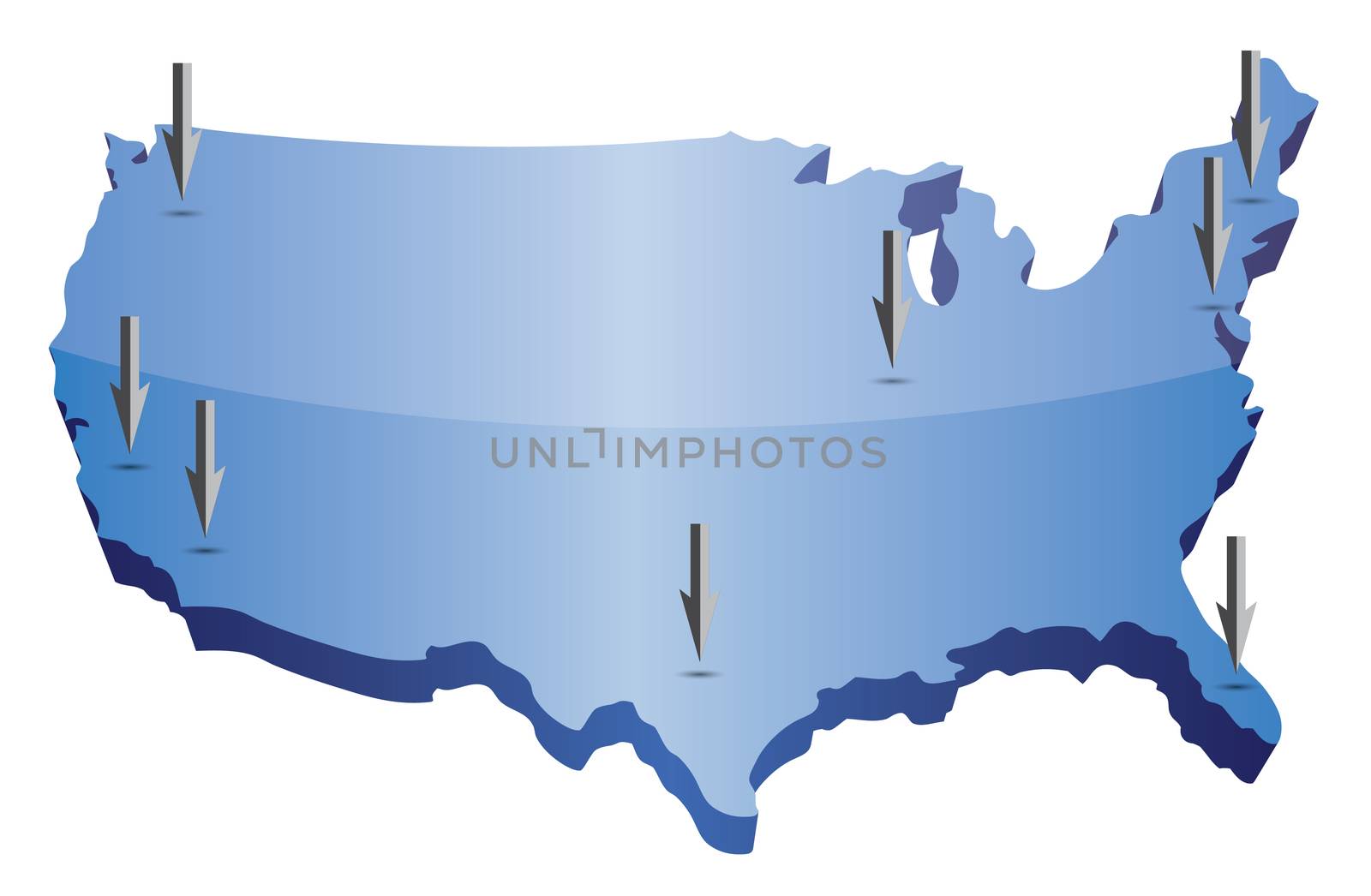 US map pointing locations illustration isolated over a white background