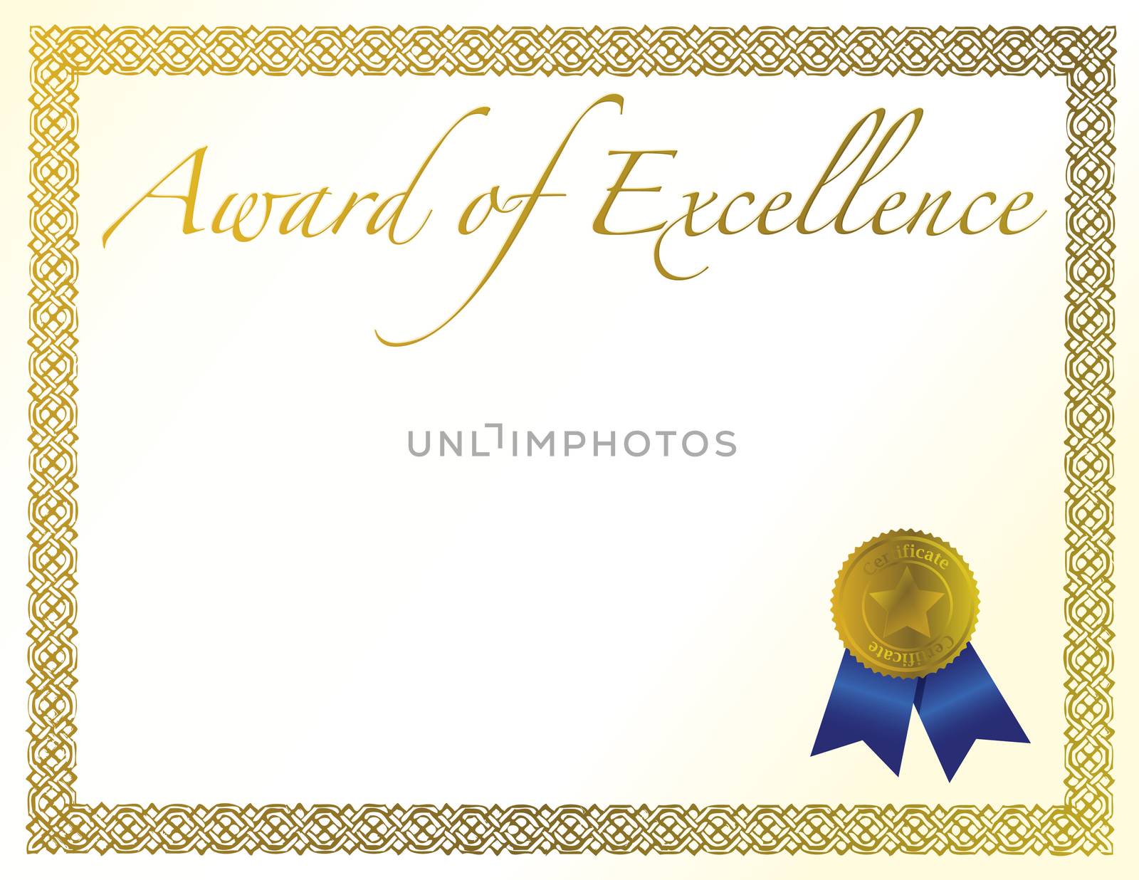 Illustration of a certificate. Award of Excellence with golden ribbon.