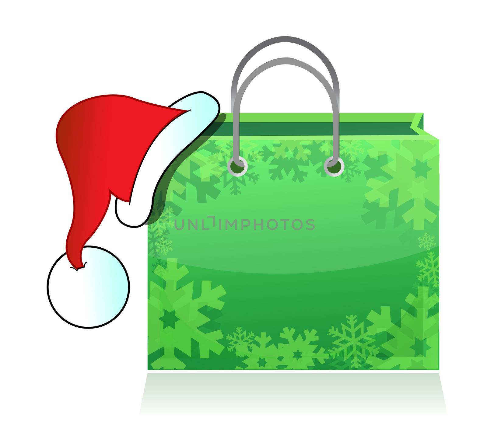 shopping bag with Santa's hat isolated on white background. Concept of holiday shopping.