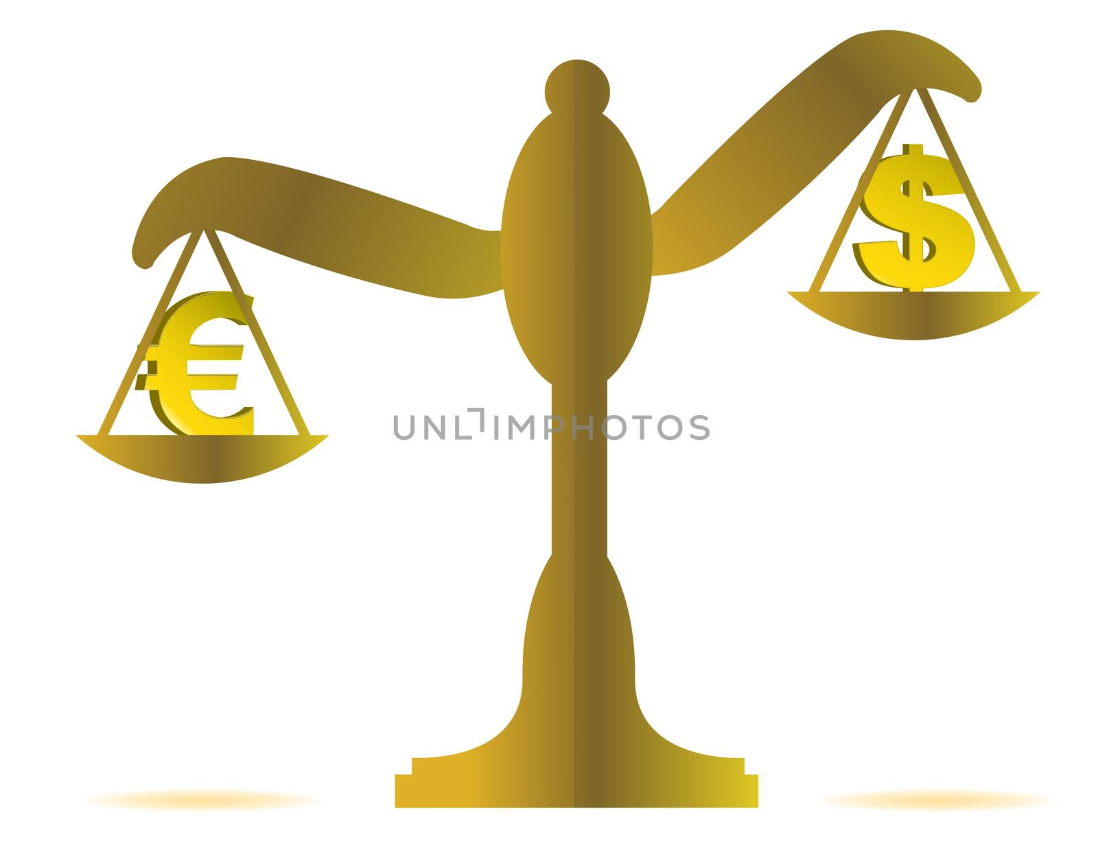 3d illustration of euro and dollar on balance over a white background3d illustration of euro and dollar on balance over a white background
