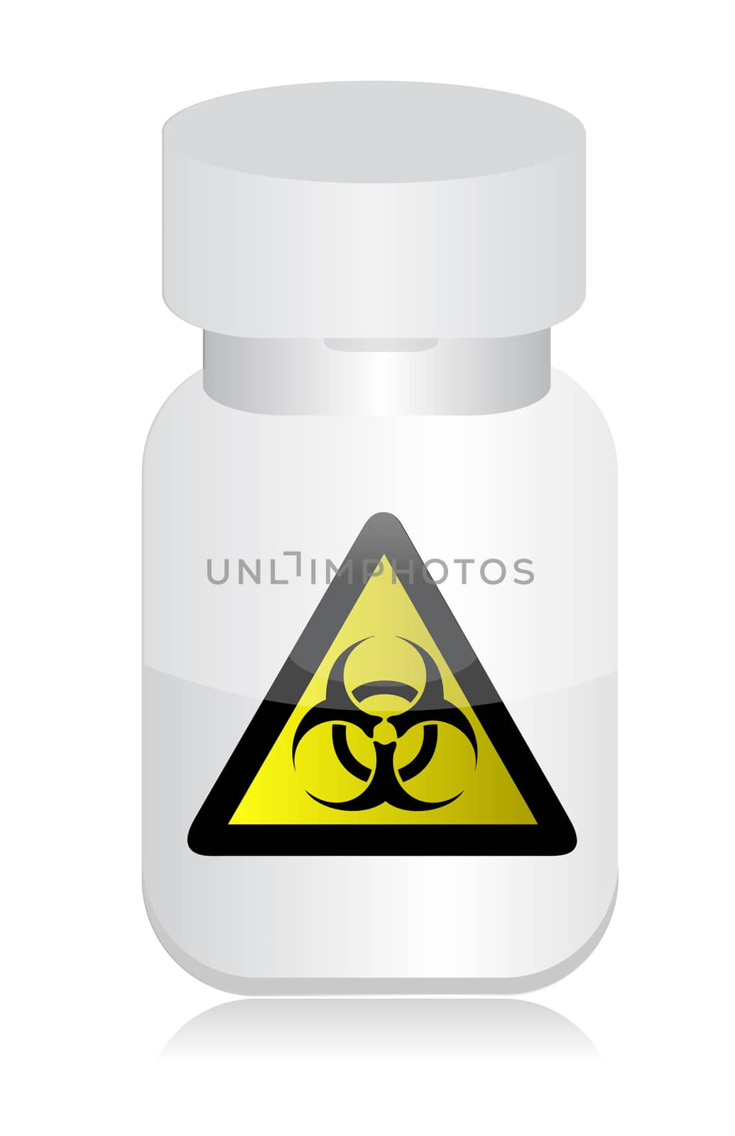 Medicine bottle with warning sign over white background