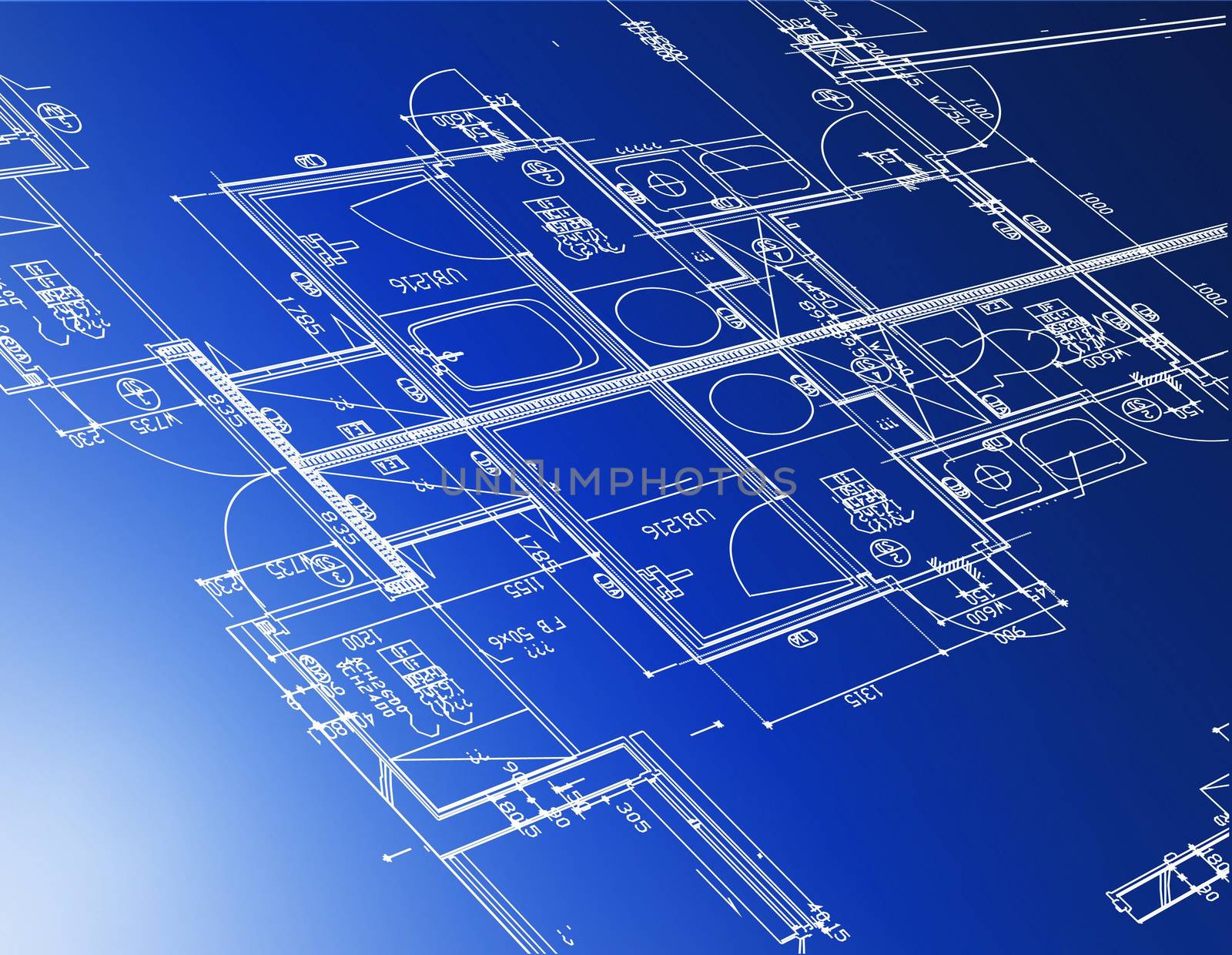 Sample of architectural blueprints over a blue background / Blueprint