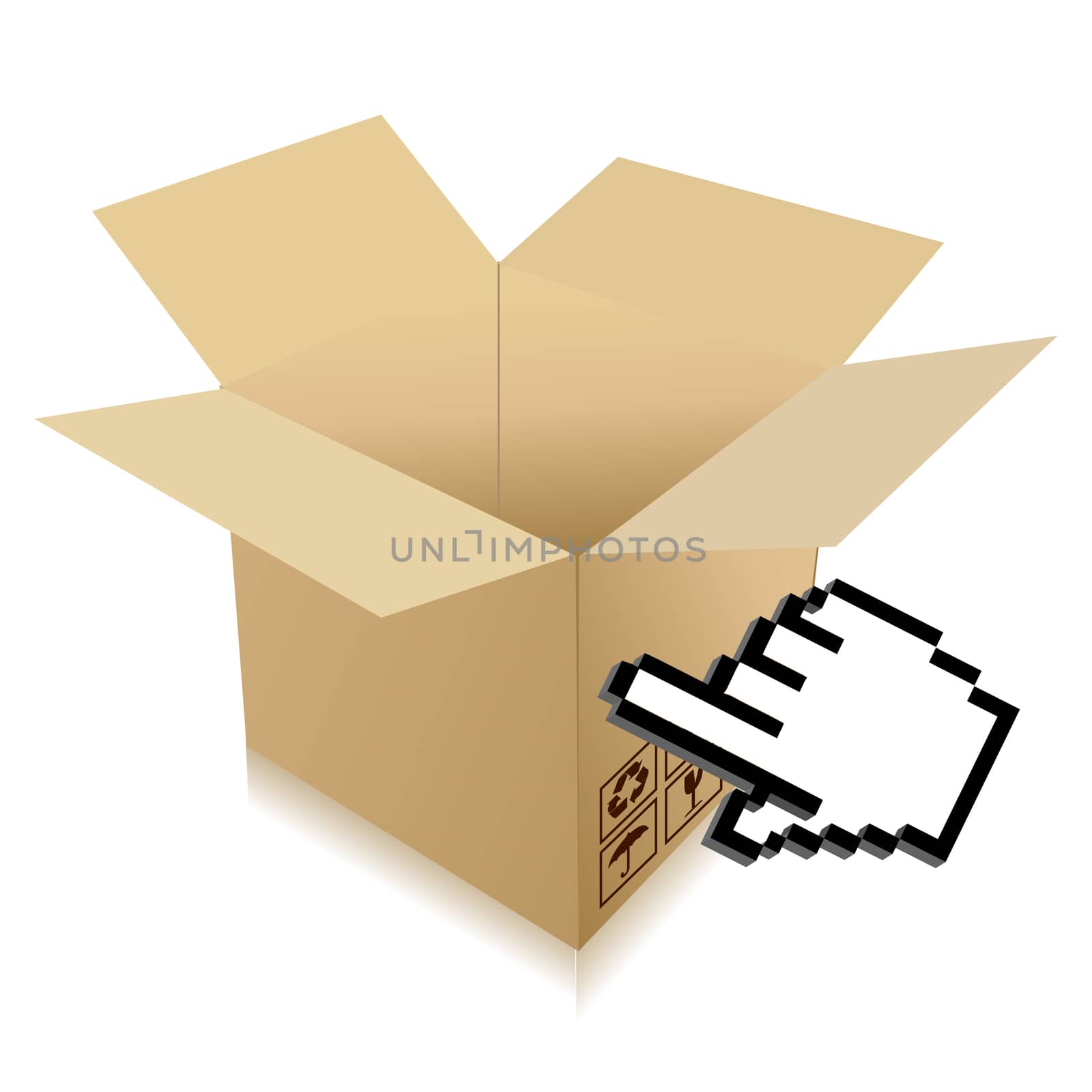 Hand Cursor and shipping box illustration over white