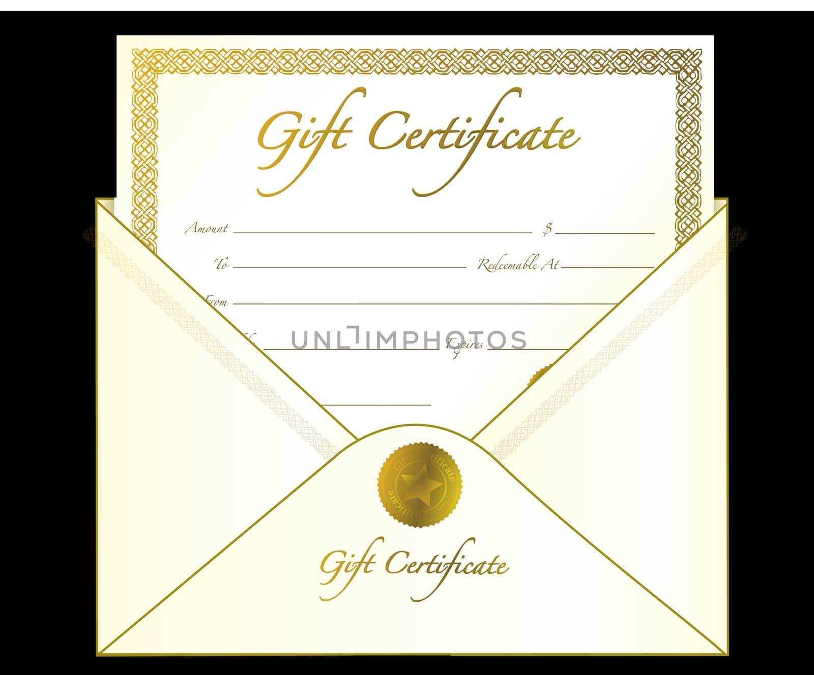 Gold Gift Certificate with golden seal and design border.