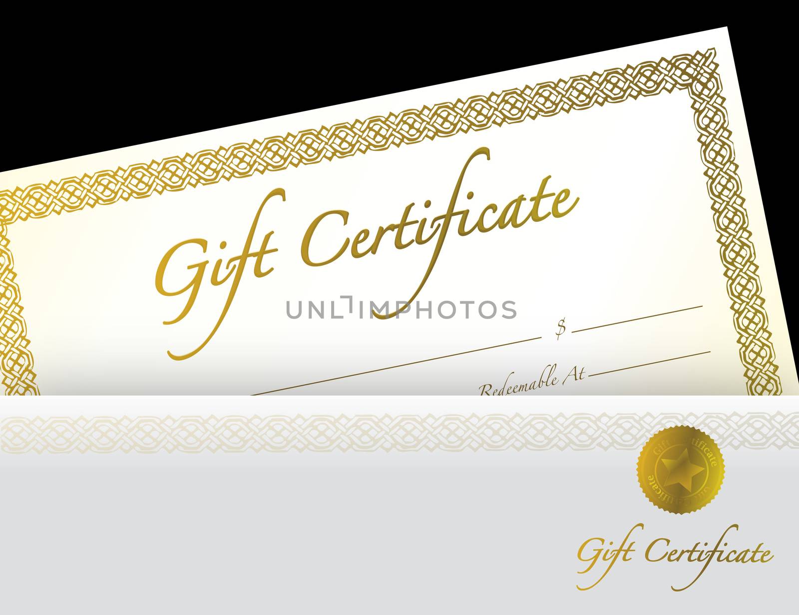 Gold Gift Certificate with golden seal and design border.