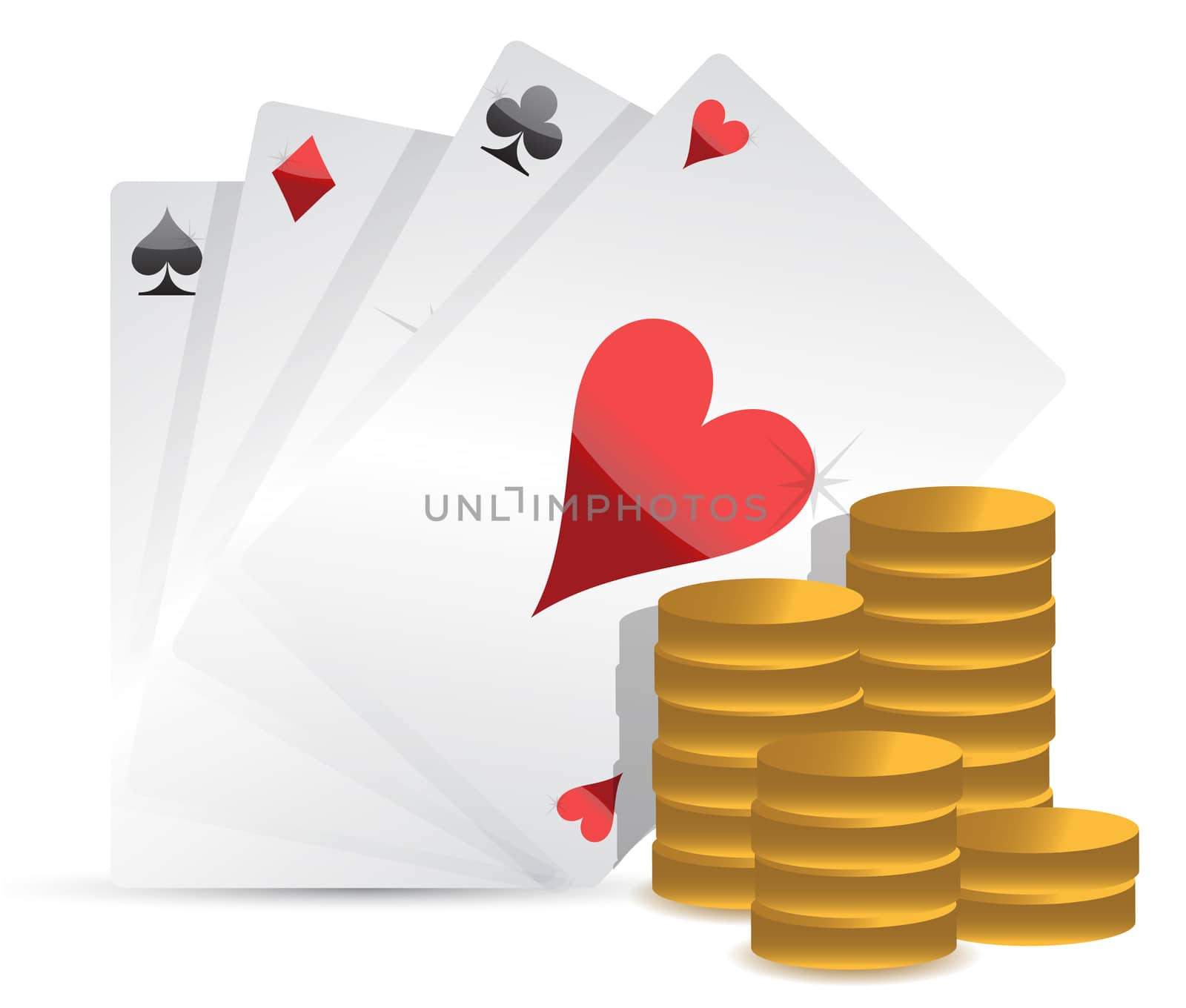 Poker cards and gambling money over white background