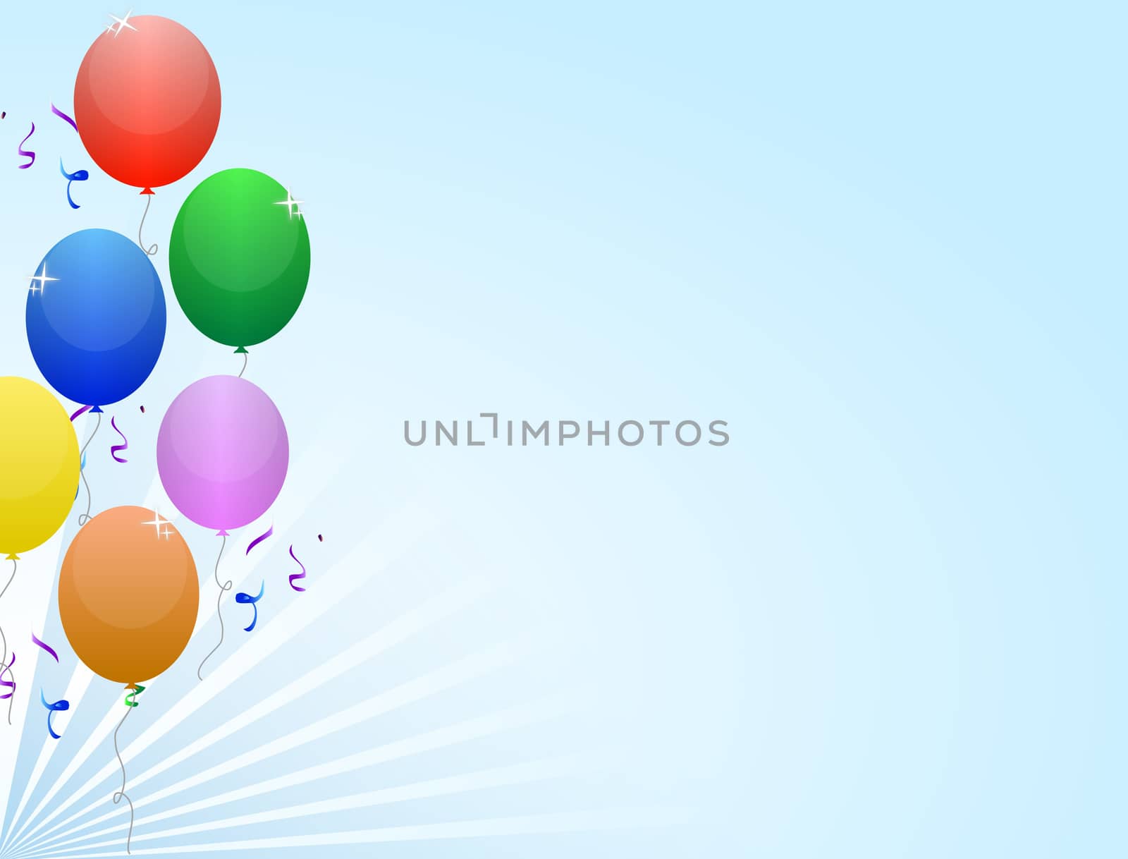 Multicolored balloon frame with ribbon and confetti on a light blue background