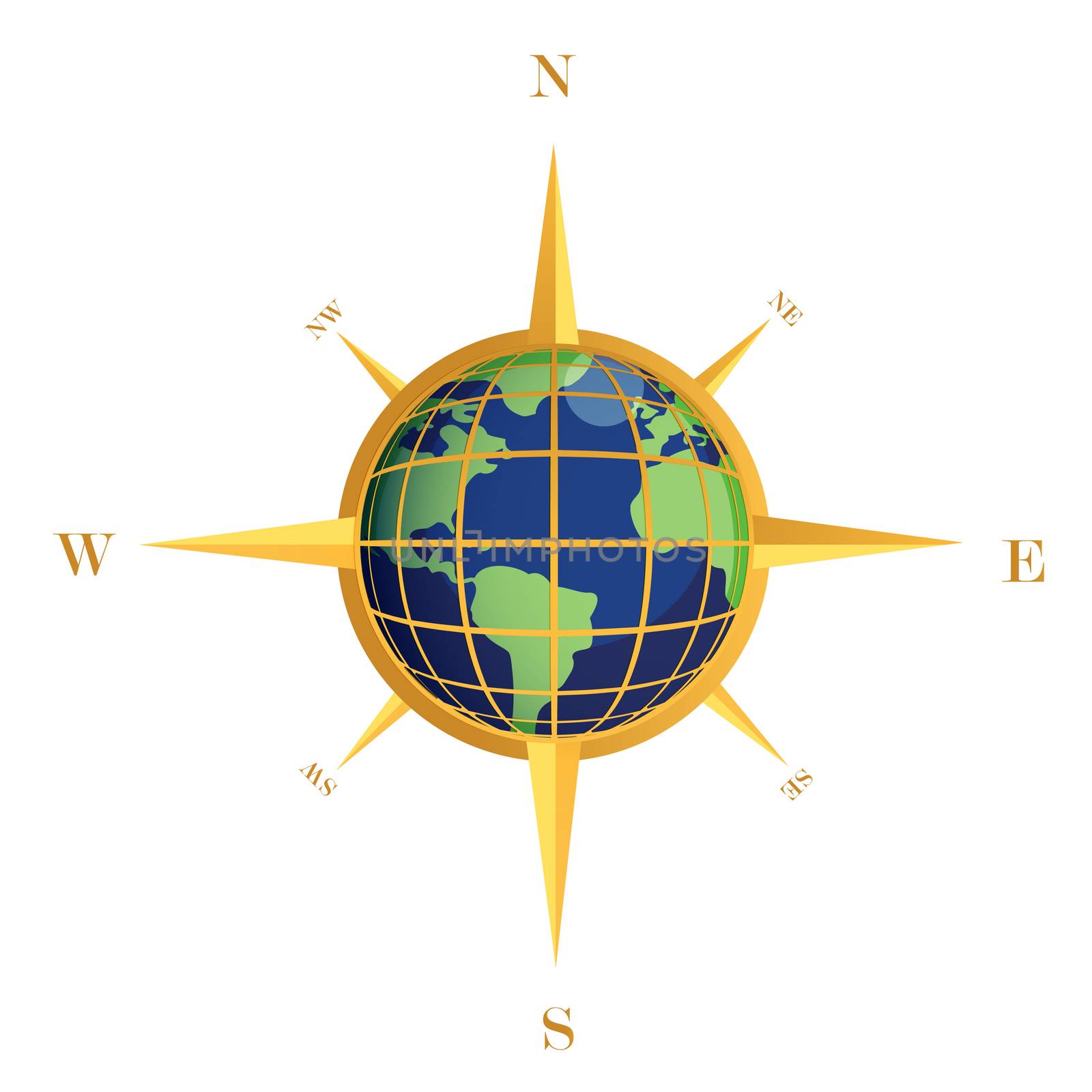 Gold Compass globe illustration design isolated over white