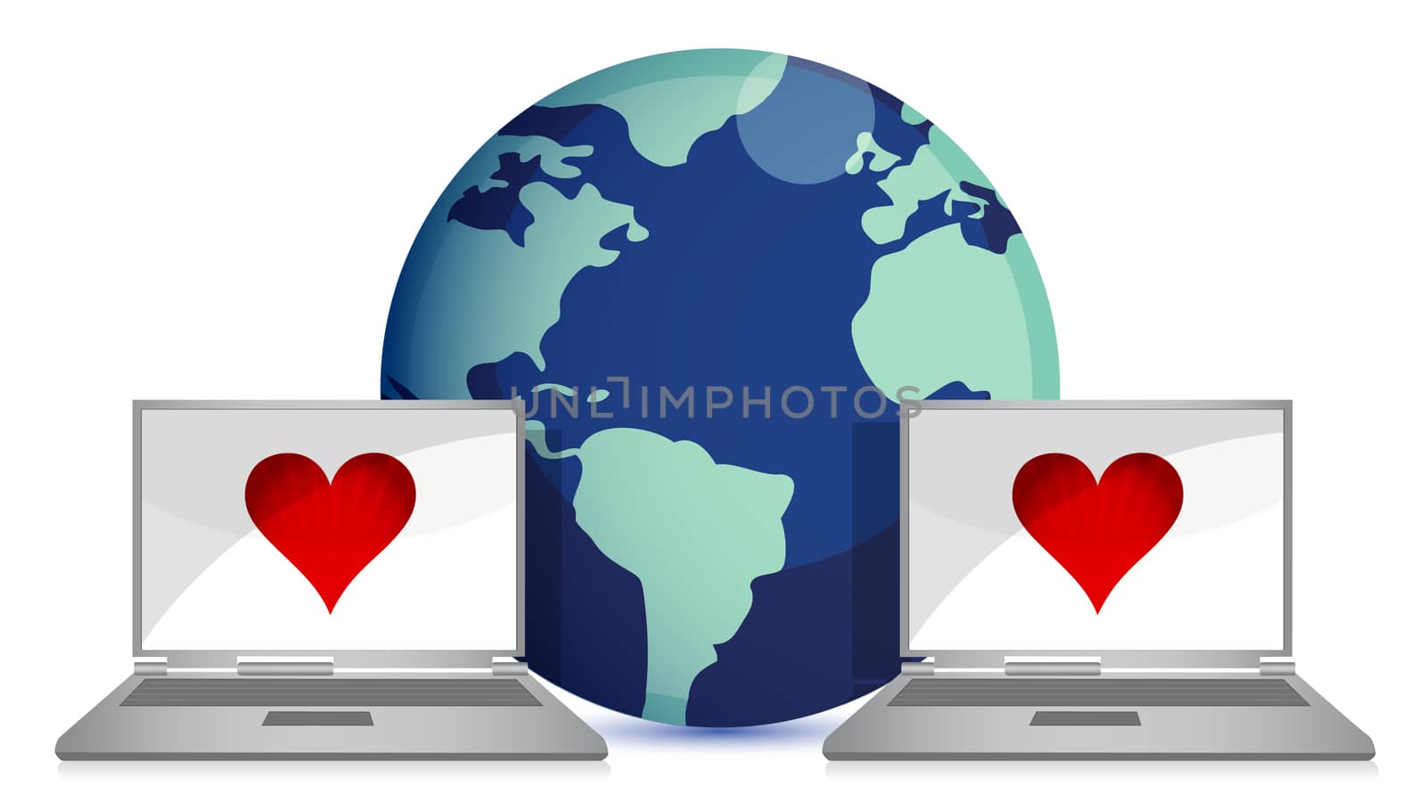 two connected laptops and earth at background