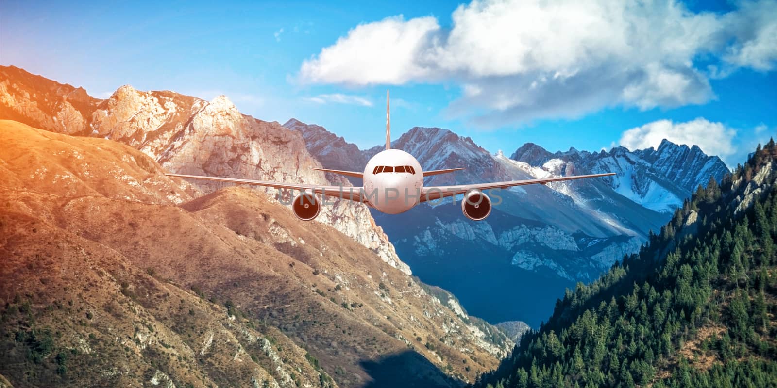 Airplane frying over the Snow Mountain background