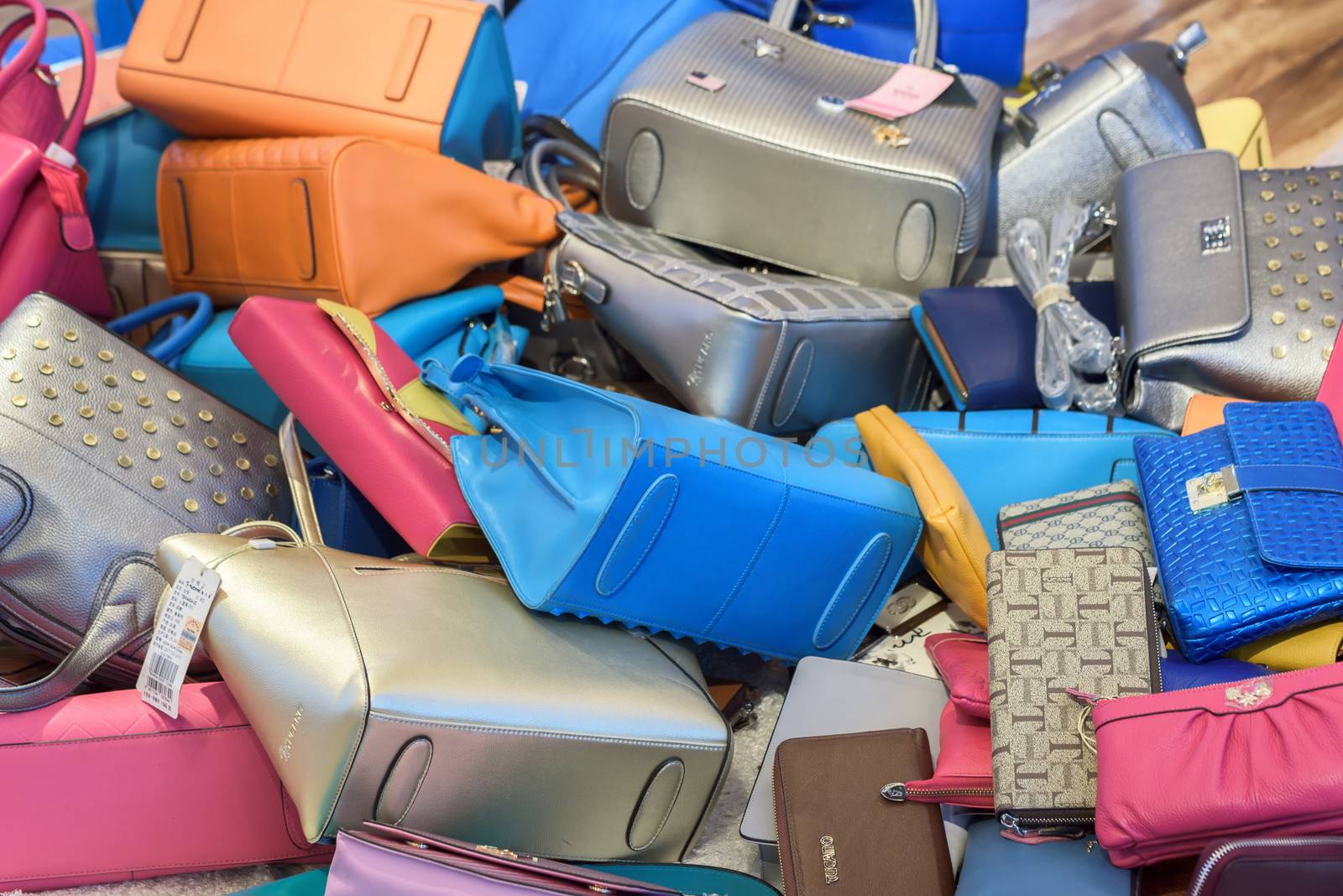 Harbin, Heilongjiang, China - September 2018: Huge pile of multi-colored bags