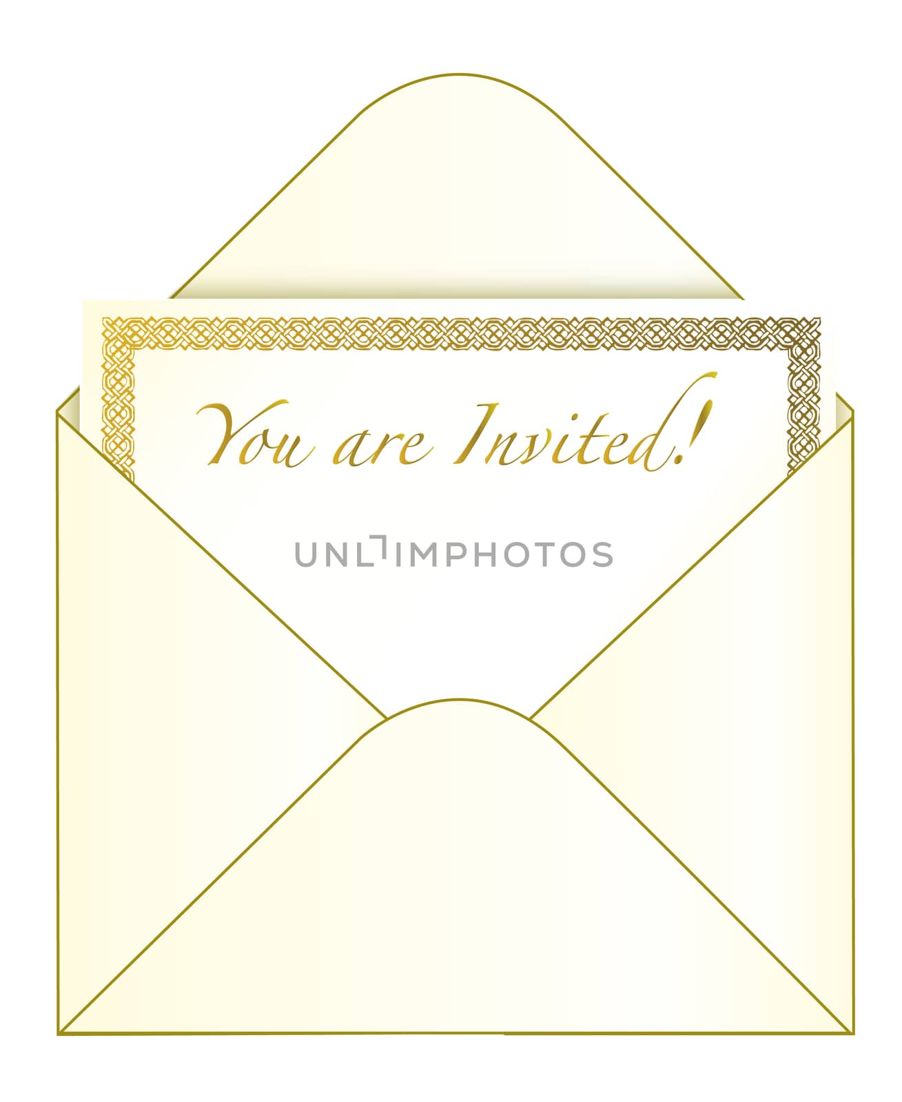 Envelope and golden invitation isolated over a white background
