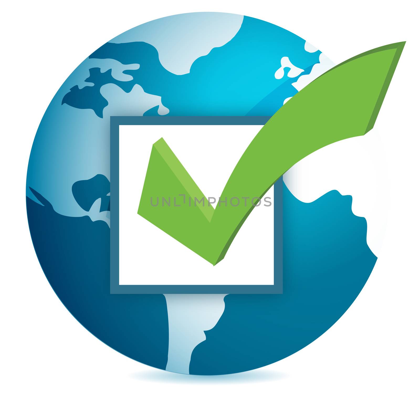 World globe and checkmark over a white background