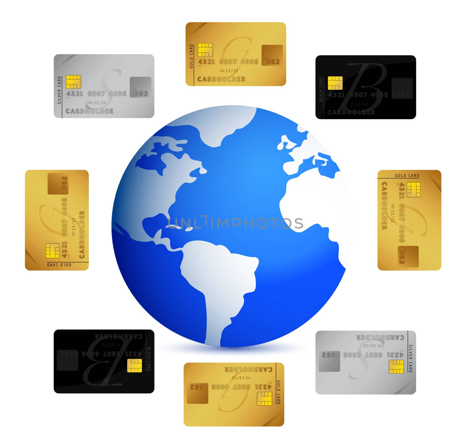 globe with credit cards around illustration design on white