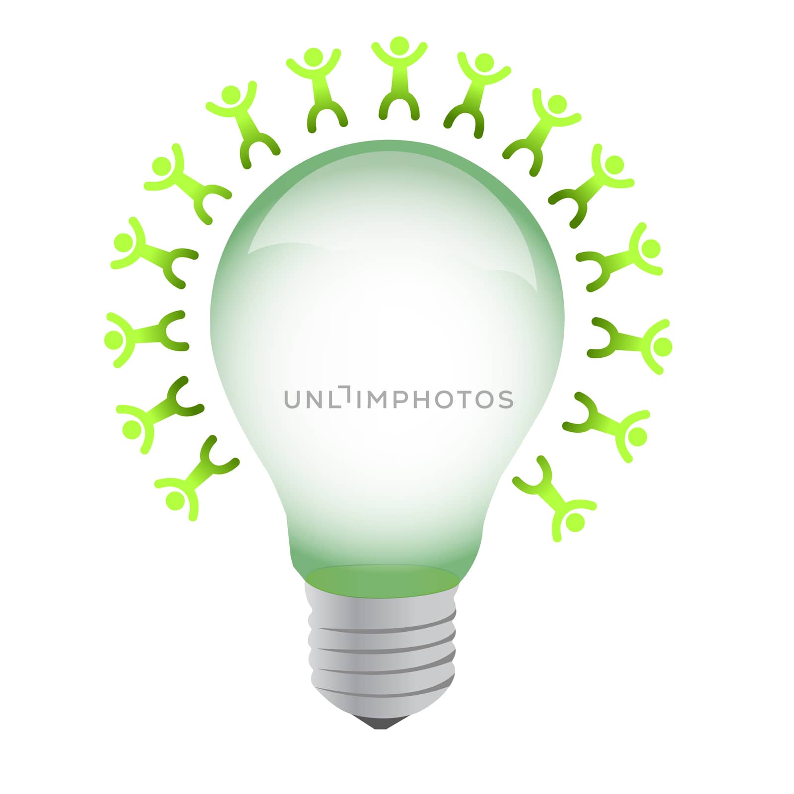 small people around a bulb. on white background.