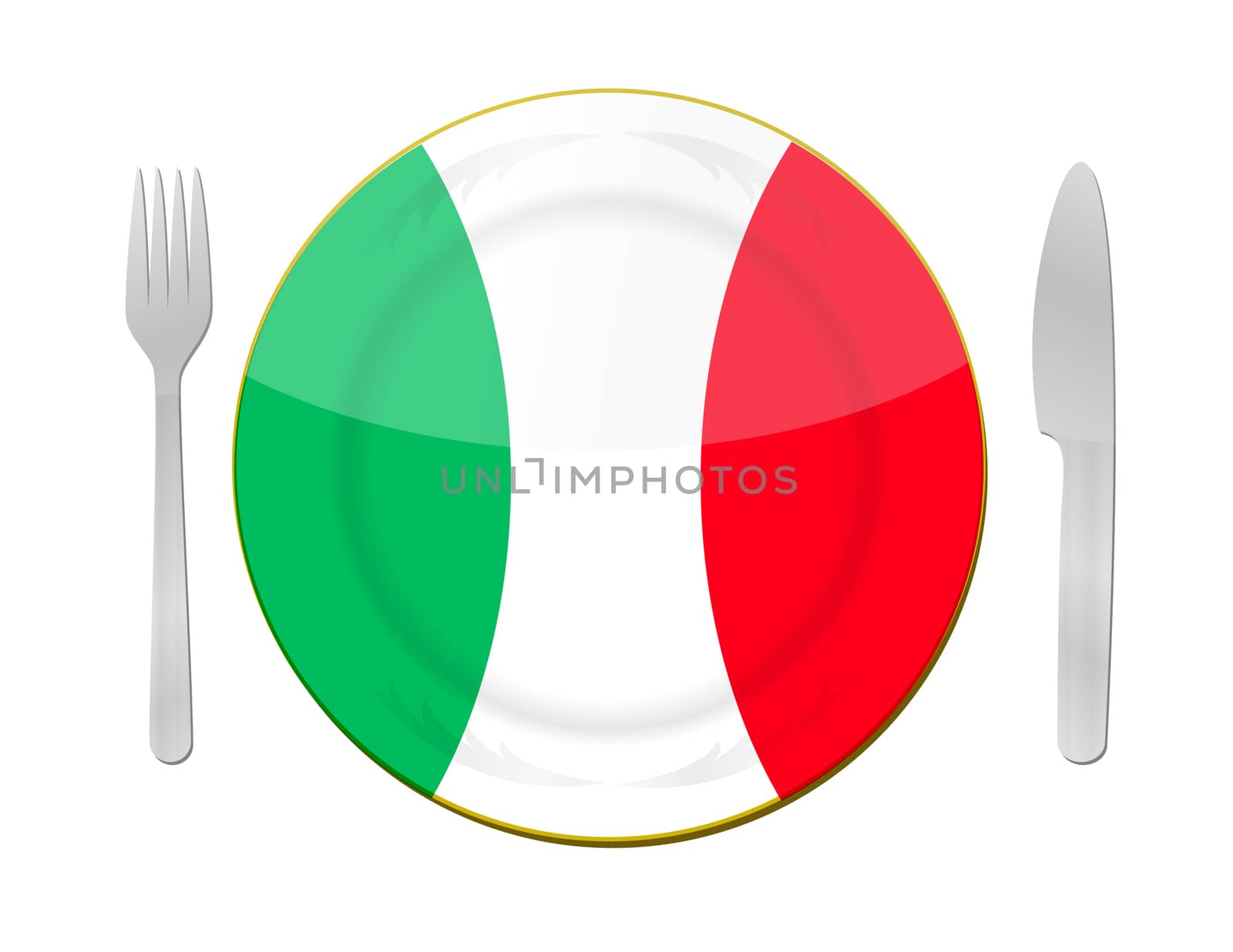 Italian food concept. Knife, plate and fork on a white background