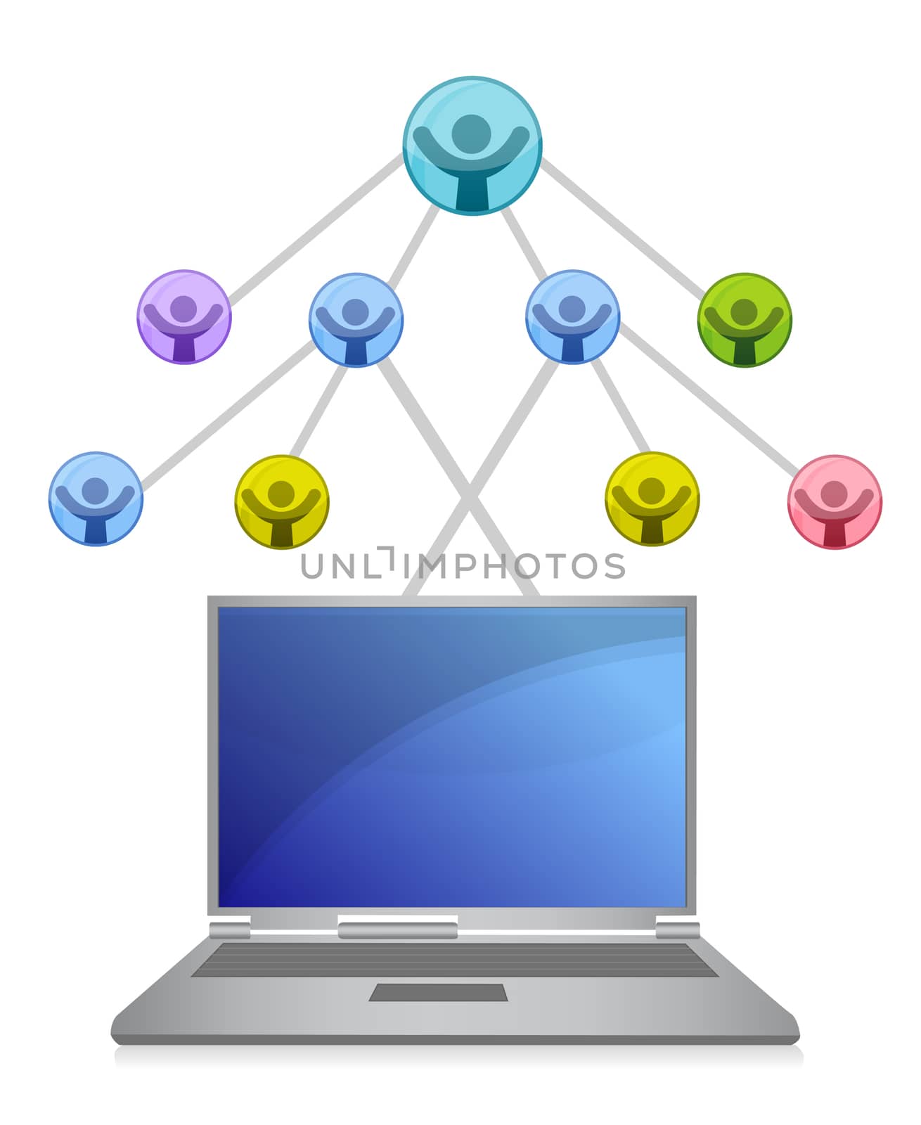 laptop and social network grid illustration over white