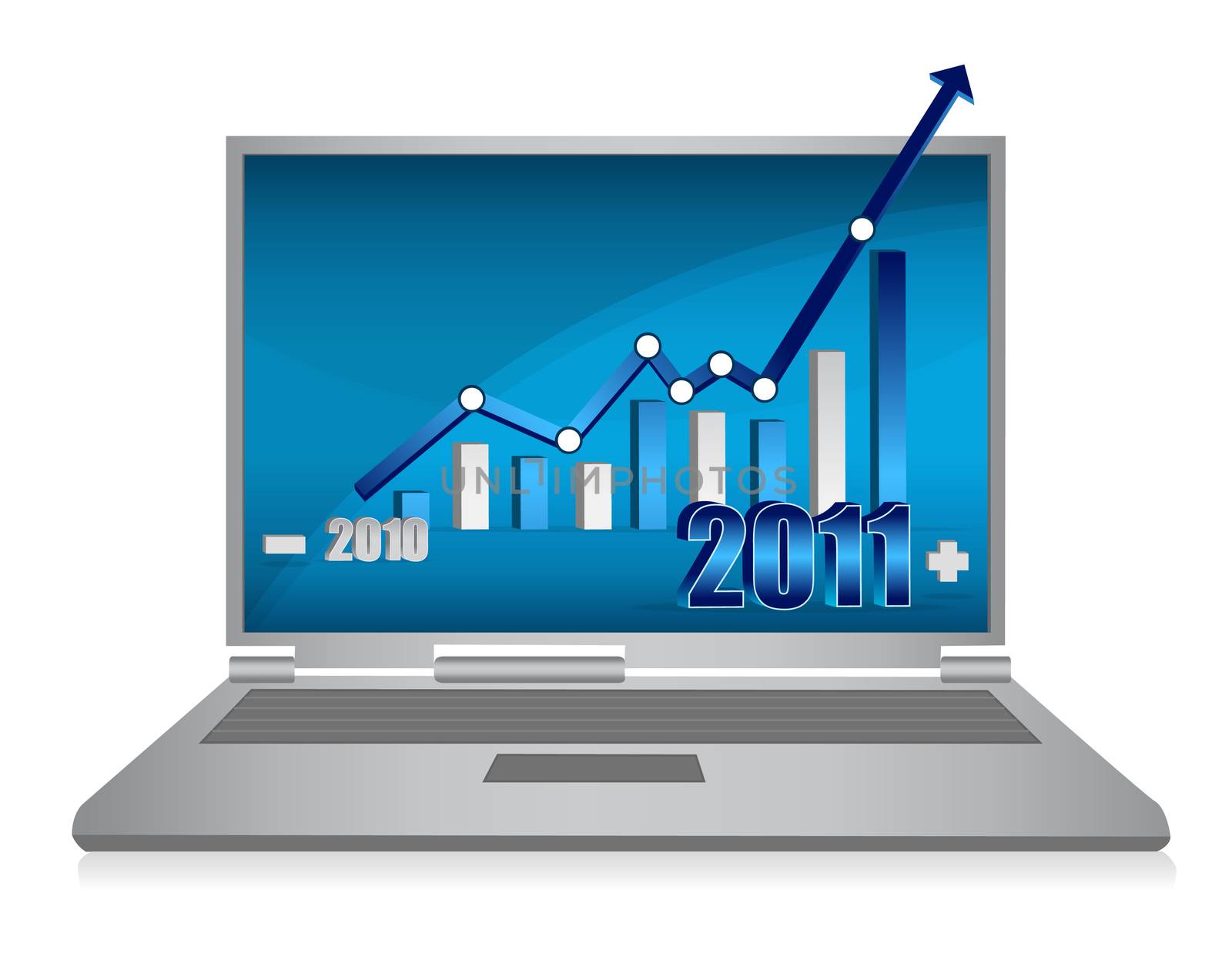 Realistic grey laptop with growth graph isolated on background. vector / Laptop growth graph