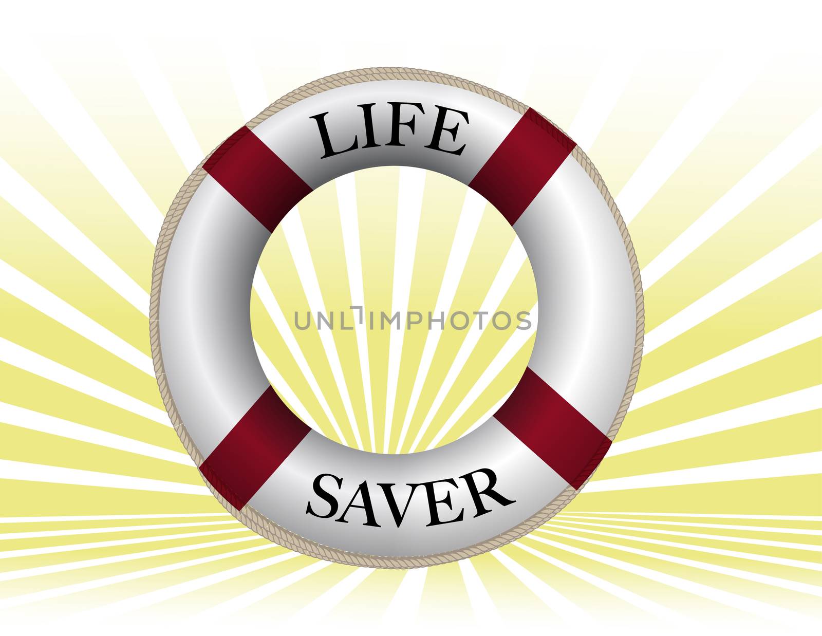 Life preserver over sun rays background.