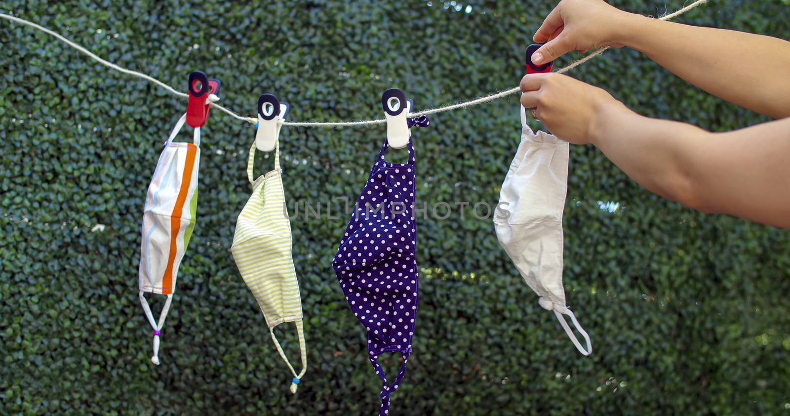 A person Drying outside reusable family face masks, hang on a clothesline nylon rope with clothespins.