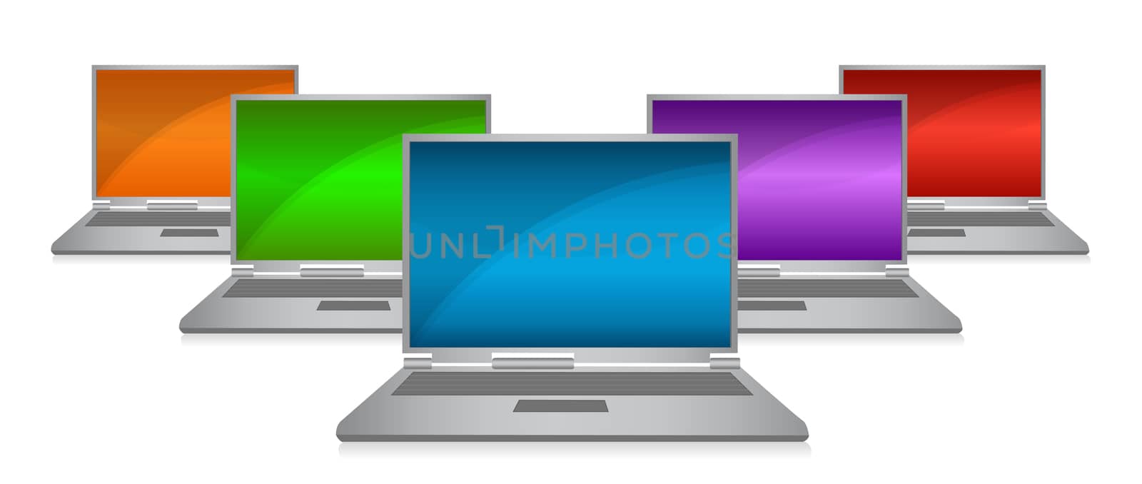 Color monitors in a row isolated on a white background