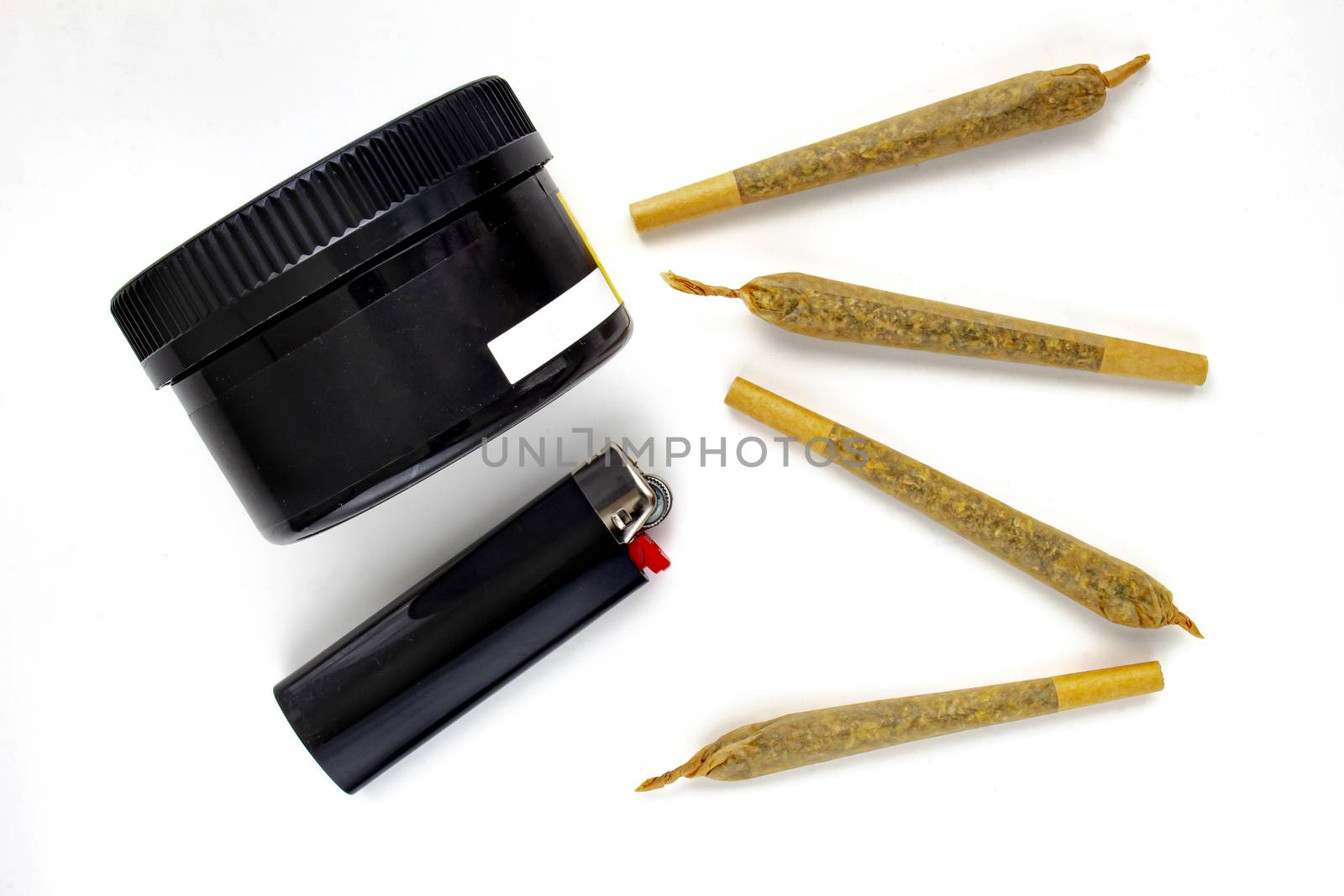 A Cannabis black plastic packaging container with Cigarettes, Prerolls or Joints and a lighter on a white background by oasisamuel