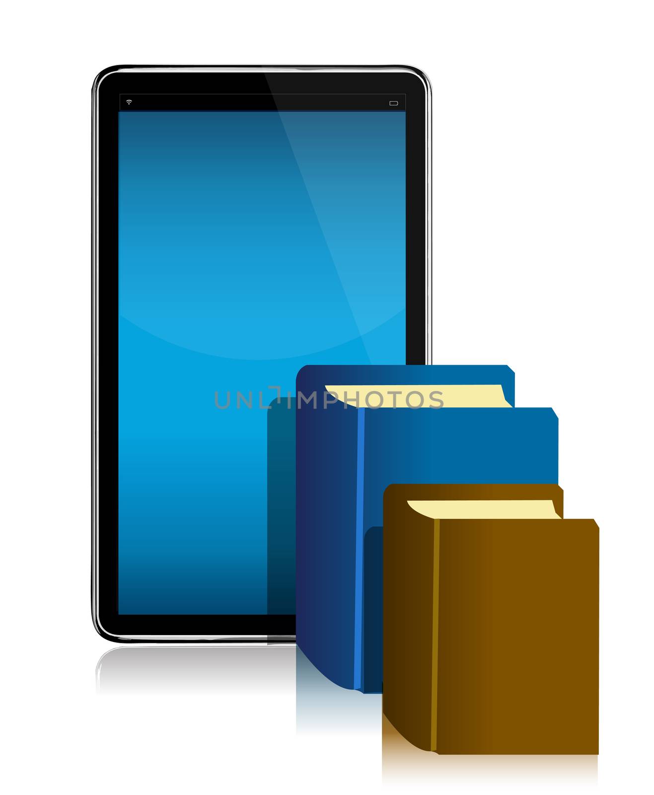Ebook and books in front of illustration design by alexmillos