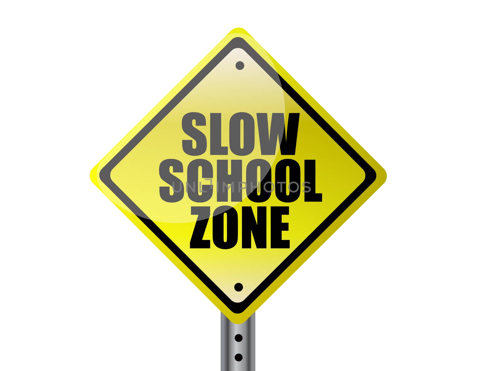 Slow school zone yellow warning street sign over white background.Slow school zone yellow warning street sign over white background.