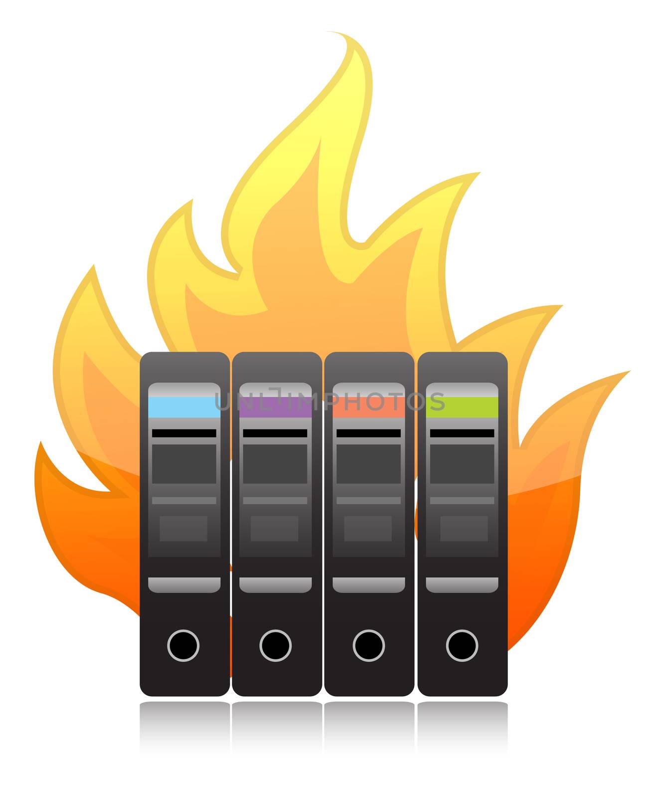 burning computer server on white illustration design