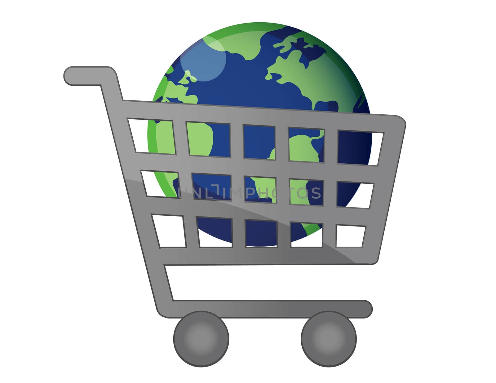 A world globe icons inside a shopping cart isolated over a white background