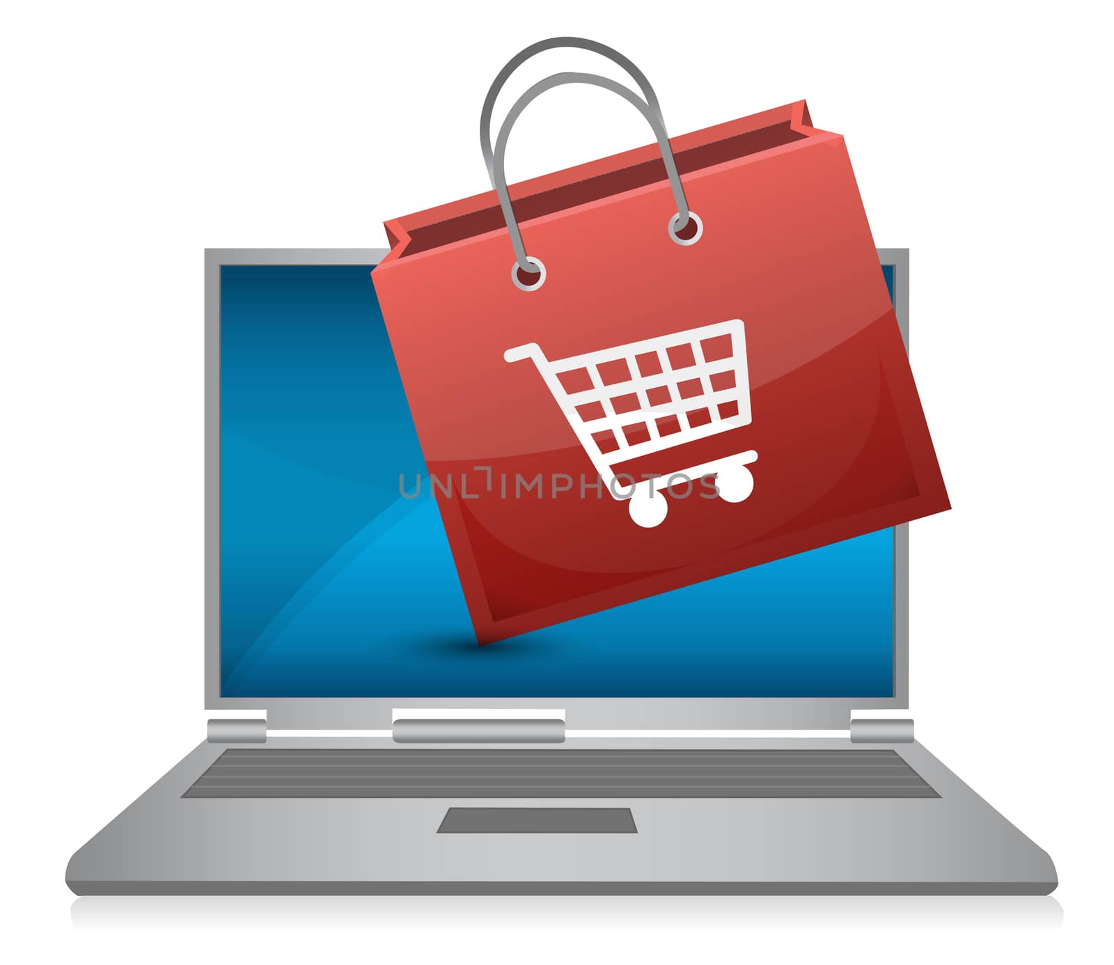 Shopping bag icon coming out of laptop screen by alexmillos