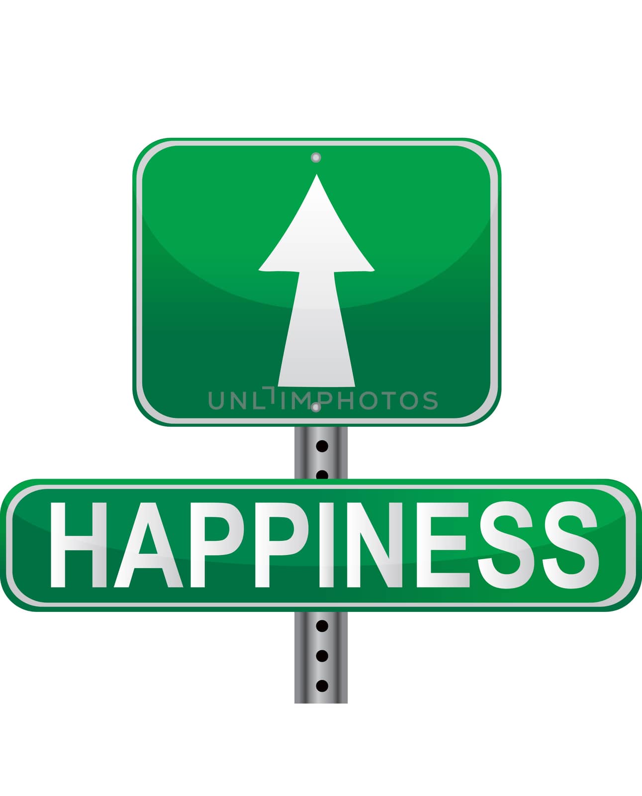 Road to happiness green street sign isolated over a white background.