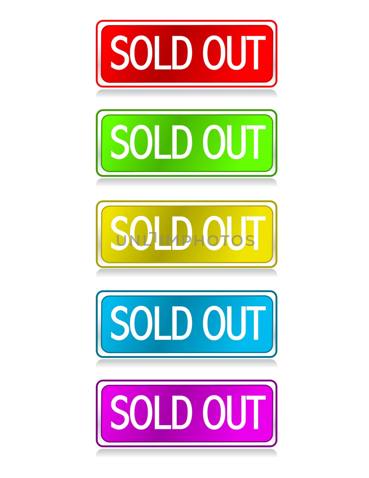 Different color Sold out buttons isolated over a white background