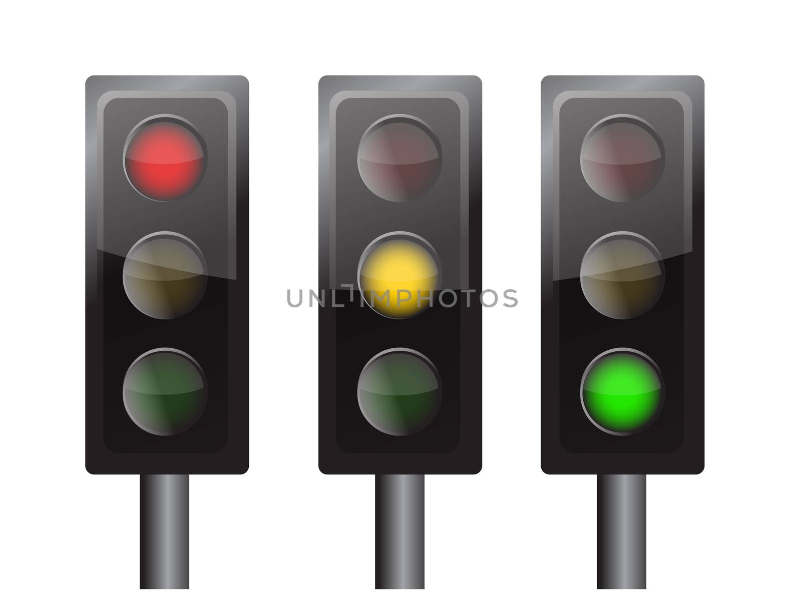 green yellow and red traffic lights isolated over a white background