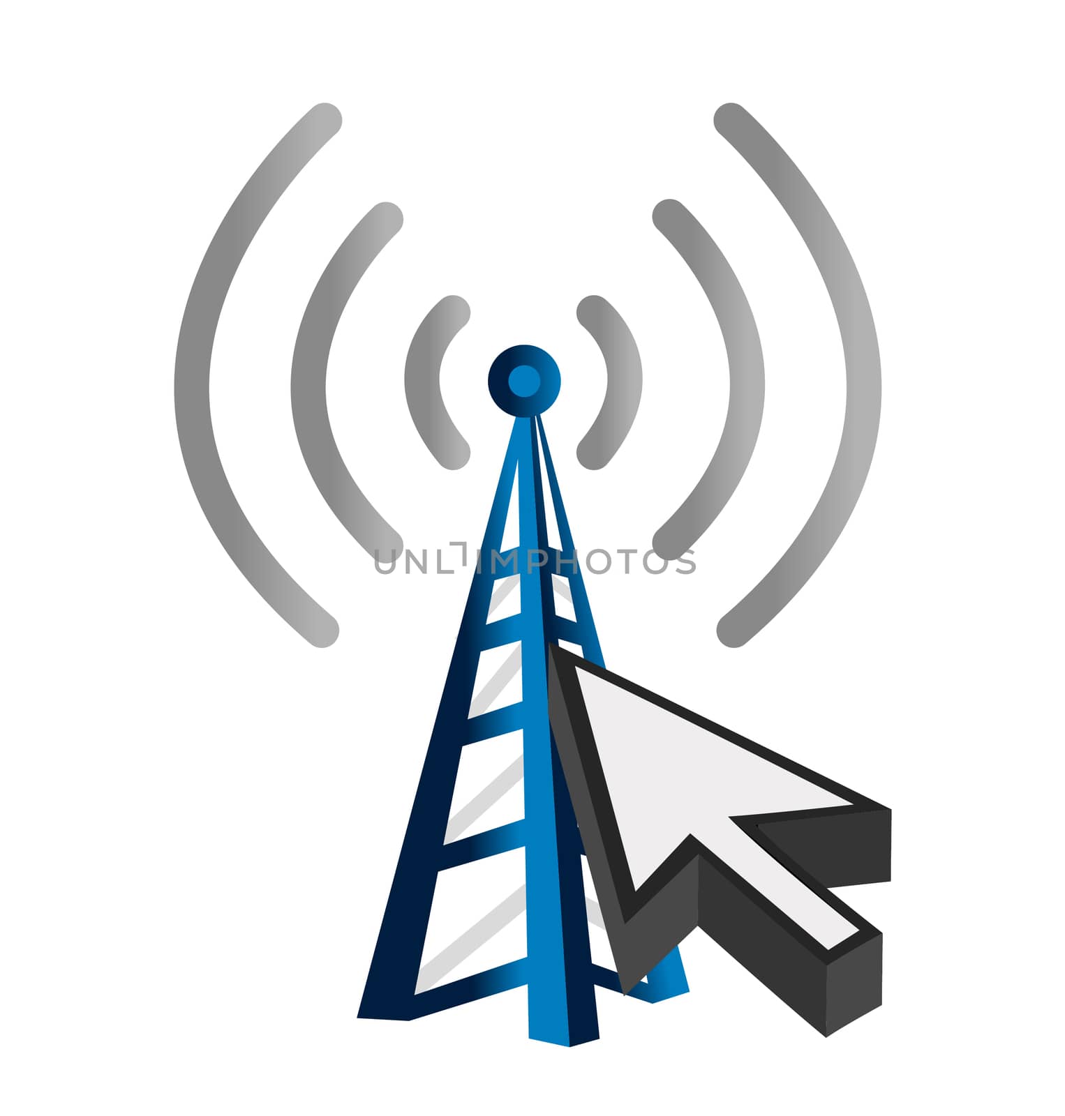 Blue wireless technology tower and cursor illustration design