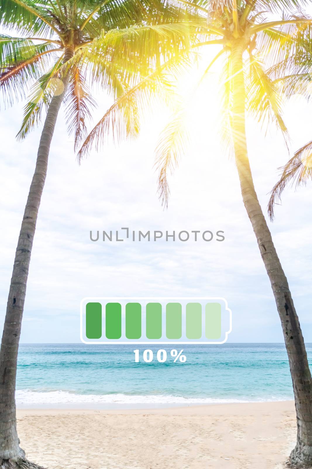 Fully charge battery 100% sign icon on natare summer beach on vacation day. Holiday long weekend relax time. by Suwant