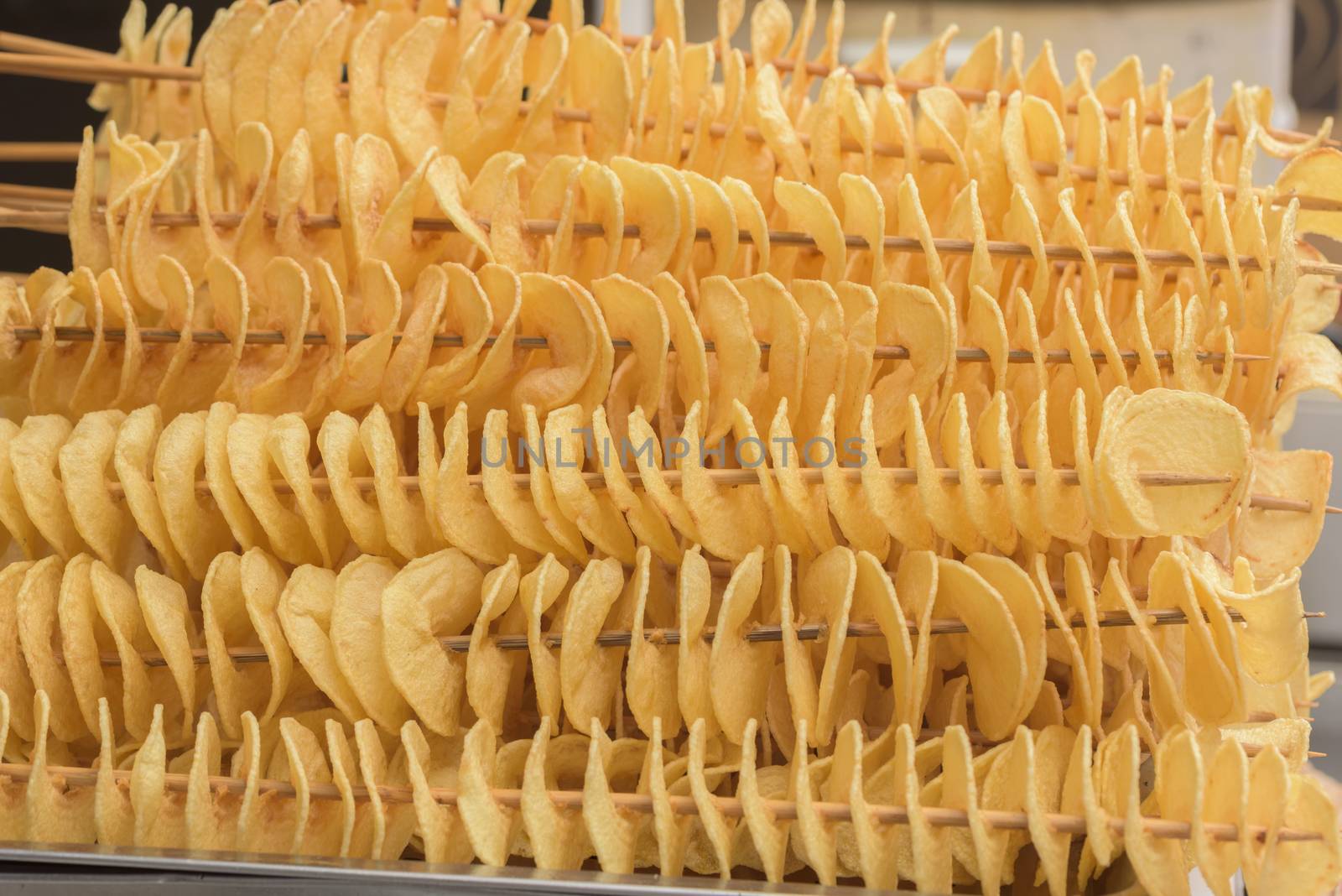 Spiral potatoes fried, on wooden sticks. Spiral potato snack