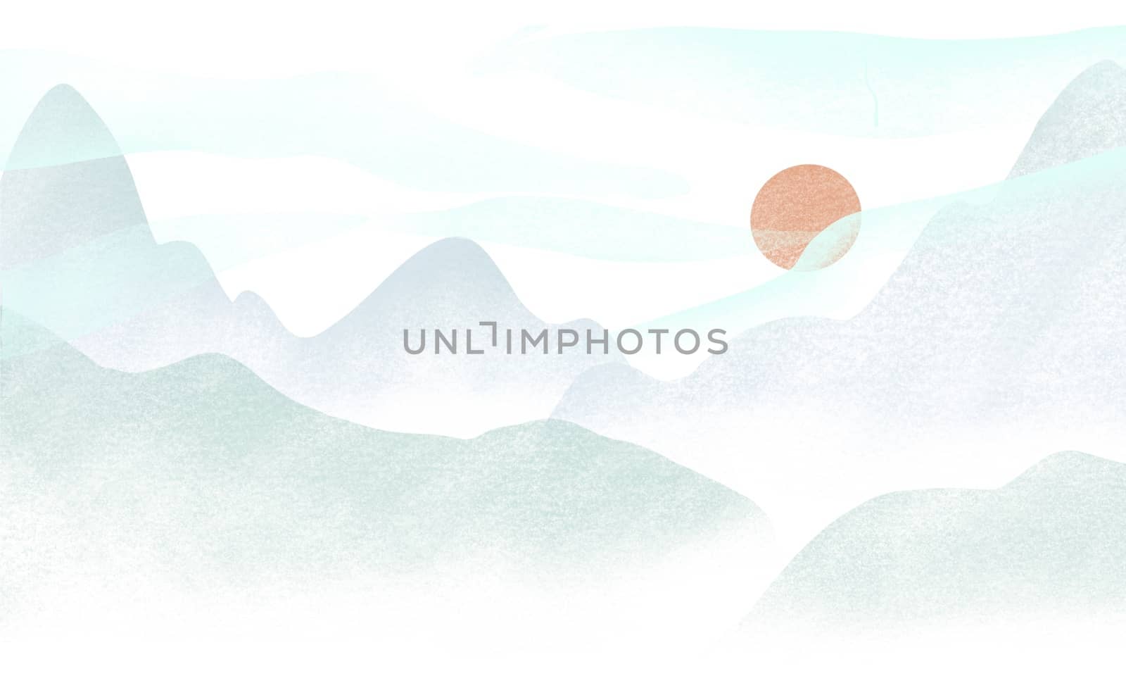 Digital paint of mountain view in the morning. East Asian style illustration. Design for travel advertising, banners, flyers, cards, postcards. by Ungamrung